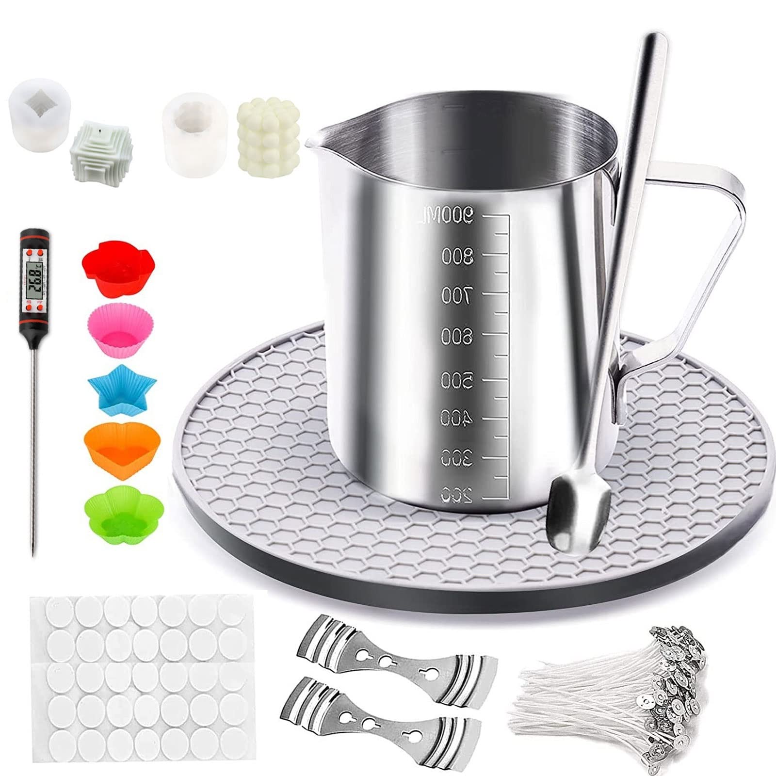 LCPKUTTR Complete Candle Making Set Include Pouring Pot Wick Centering Device Candle Tin Mixed Spoon Sticker and Thermal Pad for Starter DIY Candle Craft THD-1210