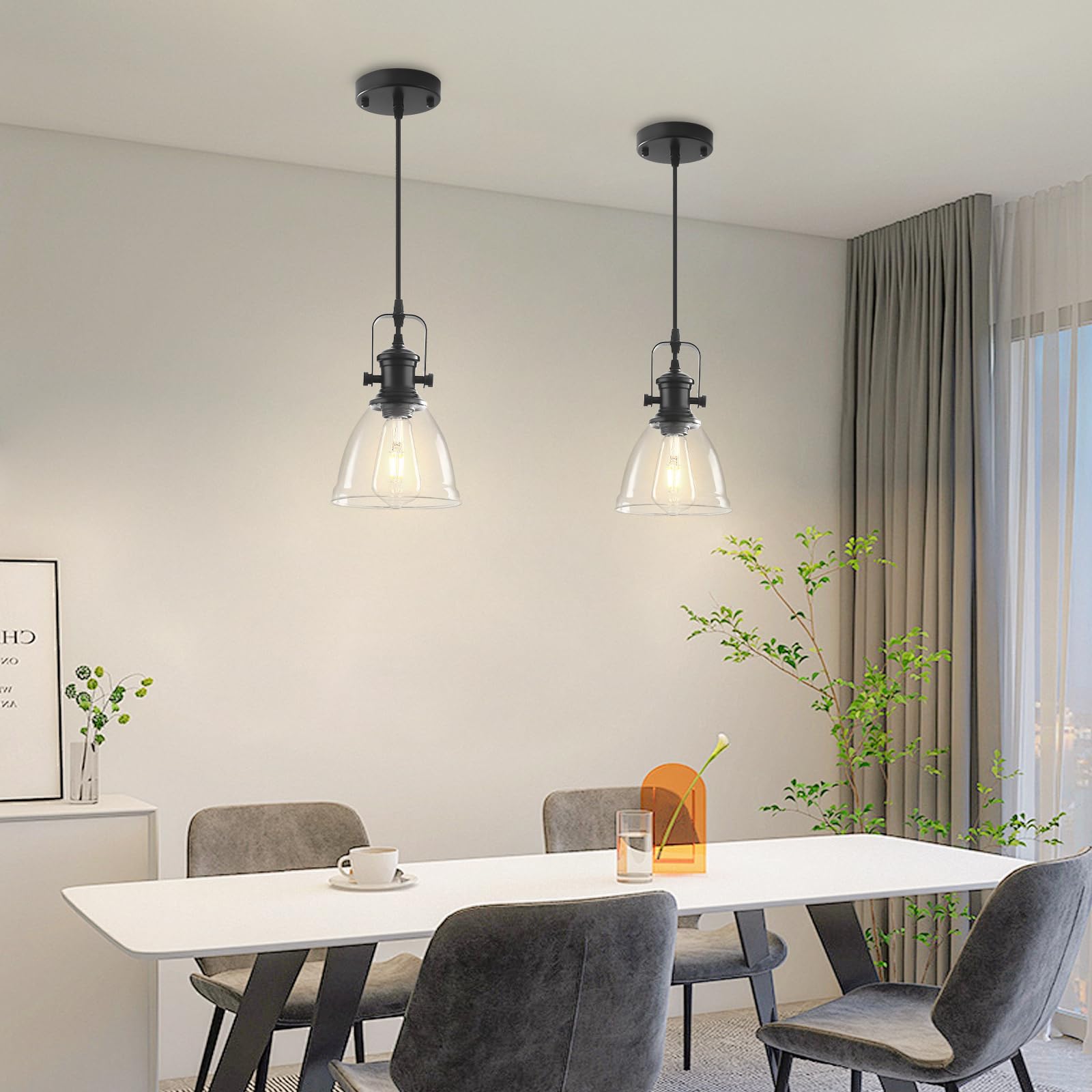 Paquete de 2 luces colgantes negras para isla de cocina, lámpara colgante de granja, lámpara colgante de vidrio transparente industrial, 6.5 pulgadas, iluminación colgante de cocina sobre 4