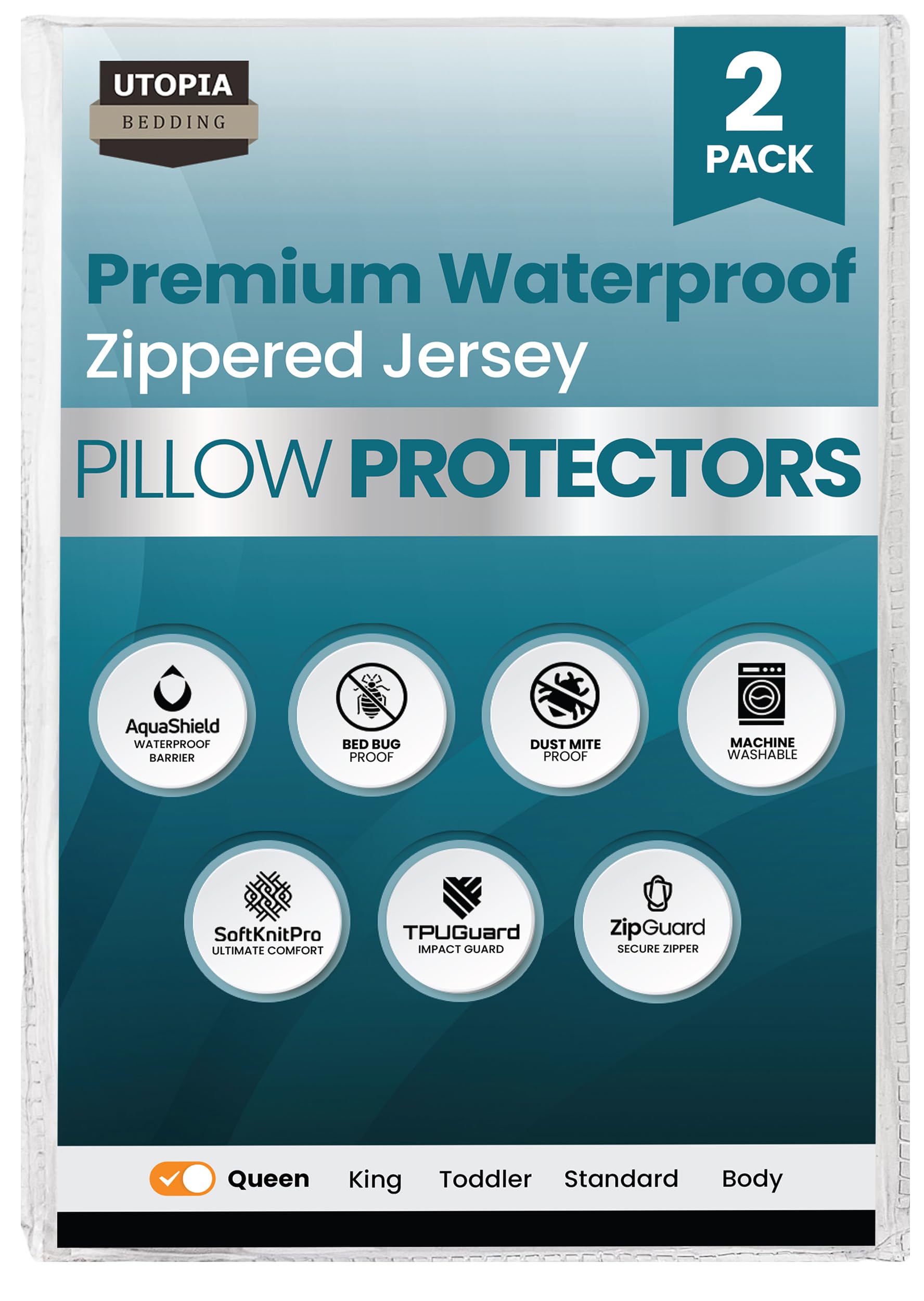 (Queen) - Waterproof Zippered Pillow Encasement Bed Bug Proof Pillow Cover Protects Against Dust Mite, Bacteria, Allergens - Polyester Jersey Fabric Pillow Protector by Utopia Bedding (Queen)