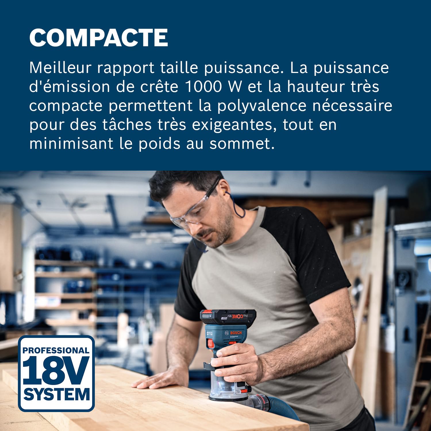 Bosch Professional 18V System Défonceuse portative GKF 18V-8 (butée longitudinale, 2x adaptateurs d’aspiration pour surfaçage, écran de protection, pince 8 mm, clé, sans batterie/chargeur)