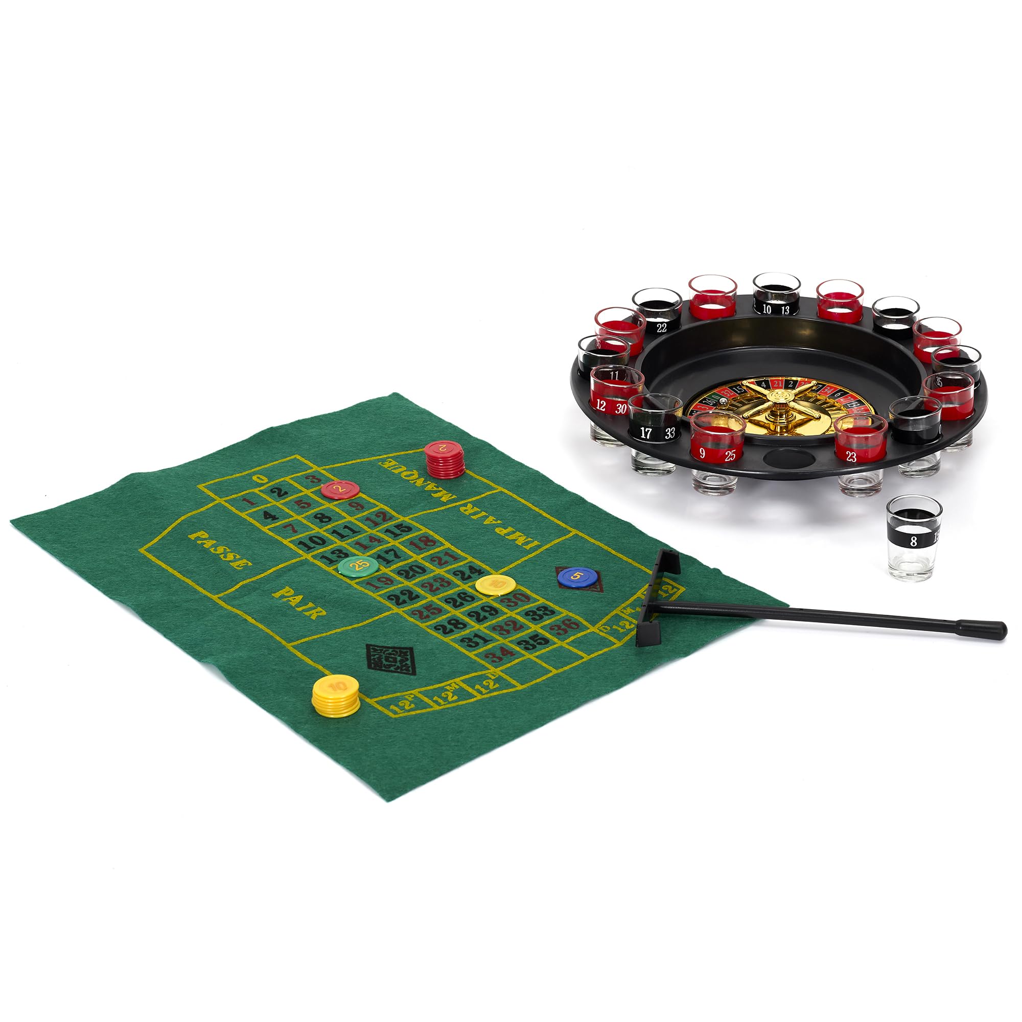 MISTER GADGET - MG3374 Jeu à Boire Roulette - Ensemble Casino avec 16 Verres à Shots, Tapis de Jeu, 60 Jetons, 2 Billes - 30.5 x 6.5 x 30.5 cm - Noir, Rouge, Vert, Blanc