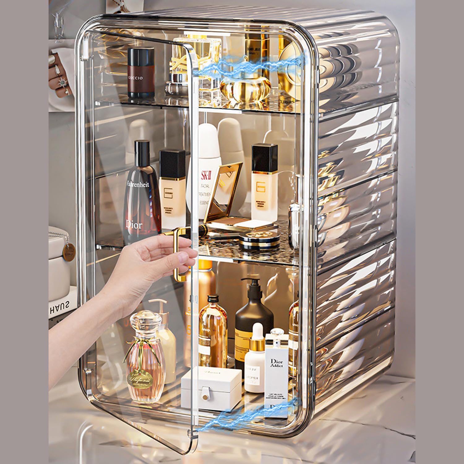 EPEDICDesktop cosmetics storage box transparent acrylic cosmetics storage rack dustproof storage cabinet (brown)