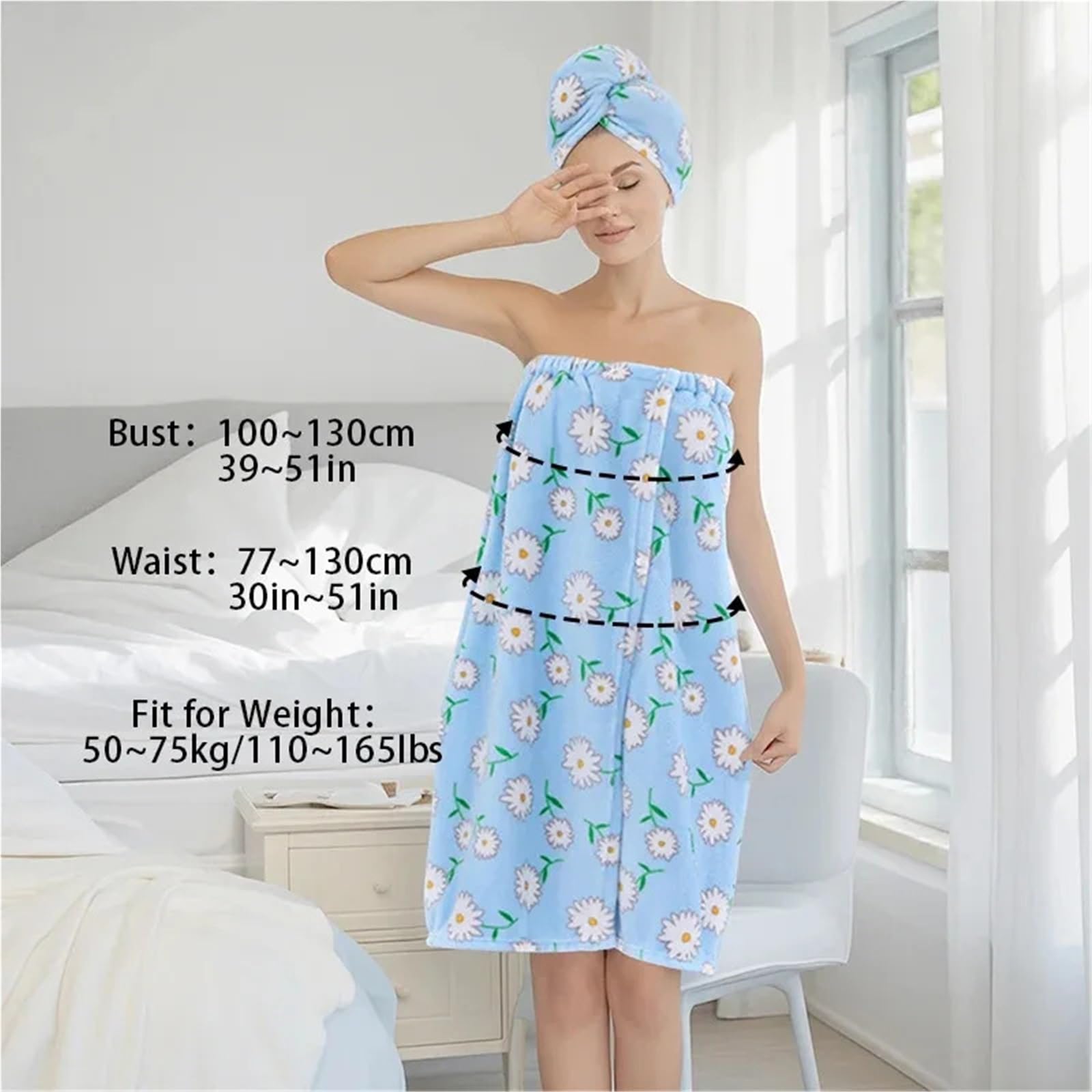 Handtuchkleid 2-teiliges Set, Haarwickel, Baderock, Gänseblümchen-Stil, tragbares Handtuch, weich, saugfähig, schnell trocknend