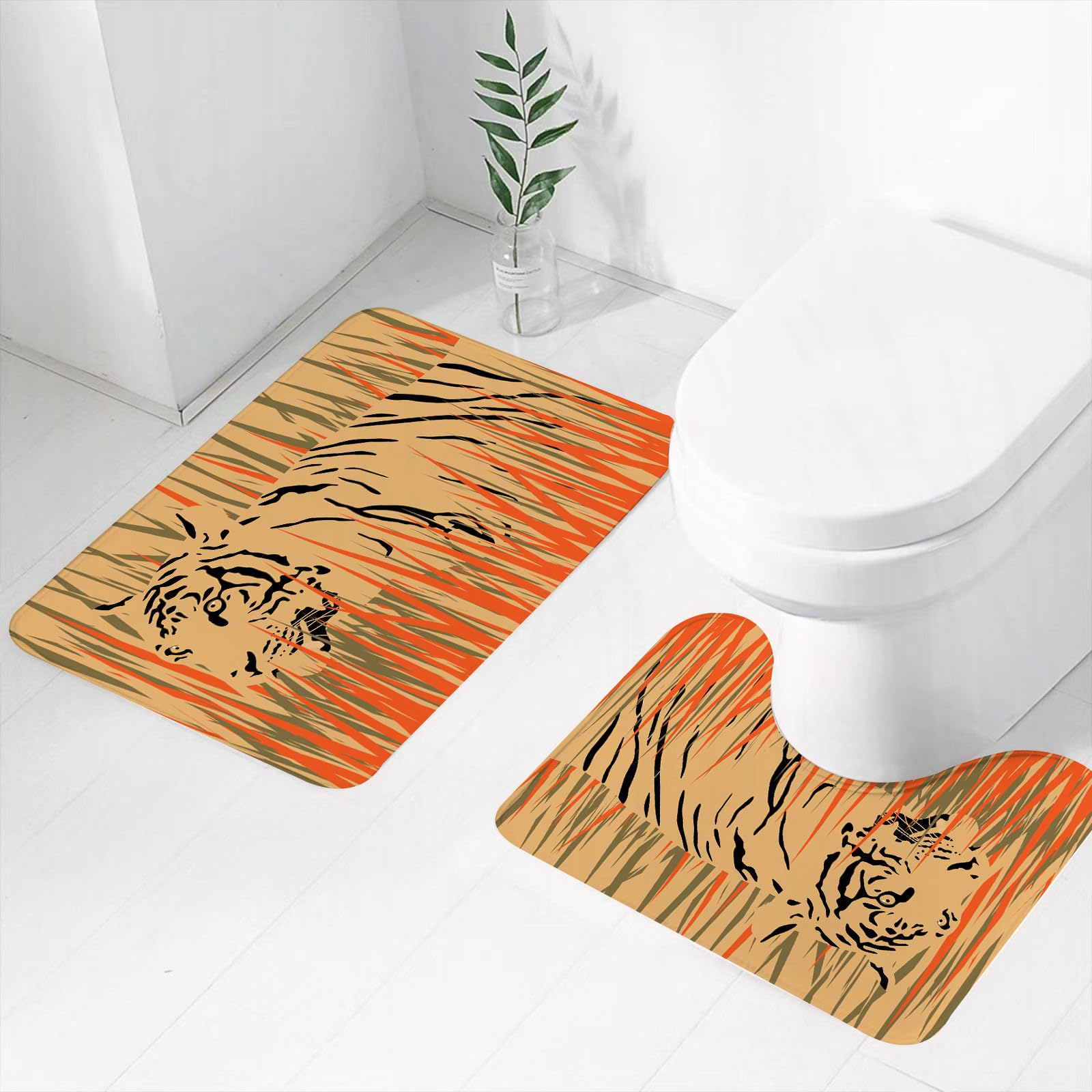 Set di 2 tappetini da Bagno, Lavabili in Lavatrice e Antiscivolo, in Morbida Fibra Superfine, con Decorazione a Tema Fauna Selvatica, Tigre tra i cespugli, Mimetica, carnivoro, Pre
