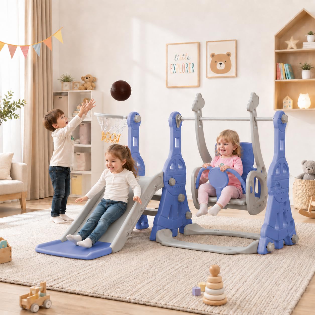 Tobogán infantil 4 en 1, para exteriores e interiores, parque infantil con columpio de escaleras, tobogán y soporte de baloncesto para niños de 1 a 6 años, seguro y estable, color azul