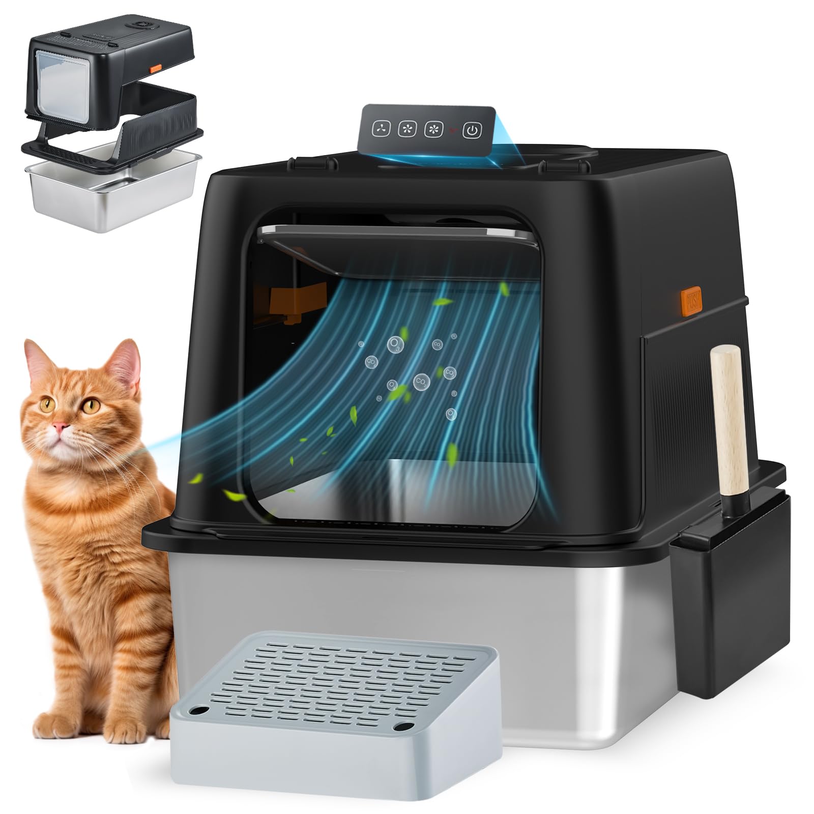 Smart Odor Control Cat Litter Box with Lid, Stainless Steel Cat Litter Box with Infrared Sensor, Large Litter Boxs for Cats, 3 in 1 Design and 135&deg; Flip-Top, Litter Scoop & Foot Pedal