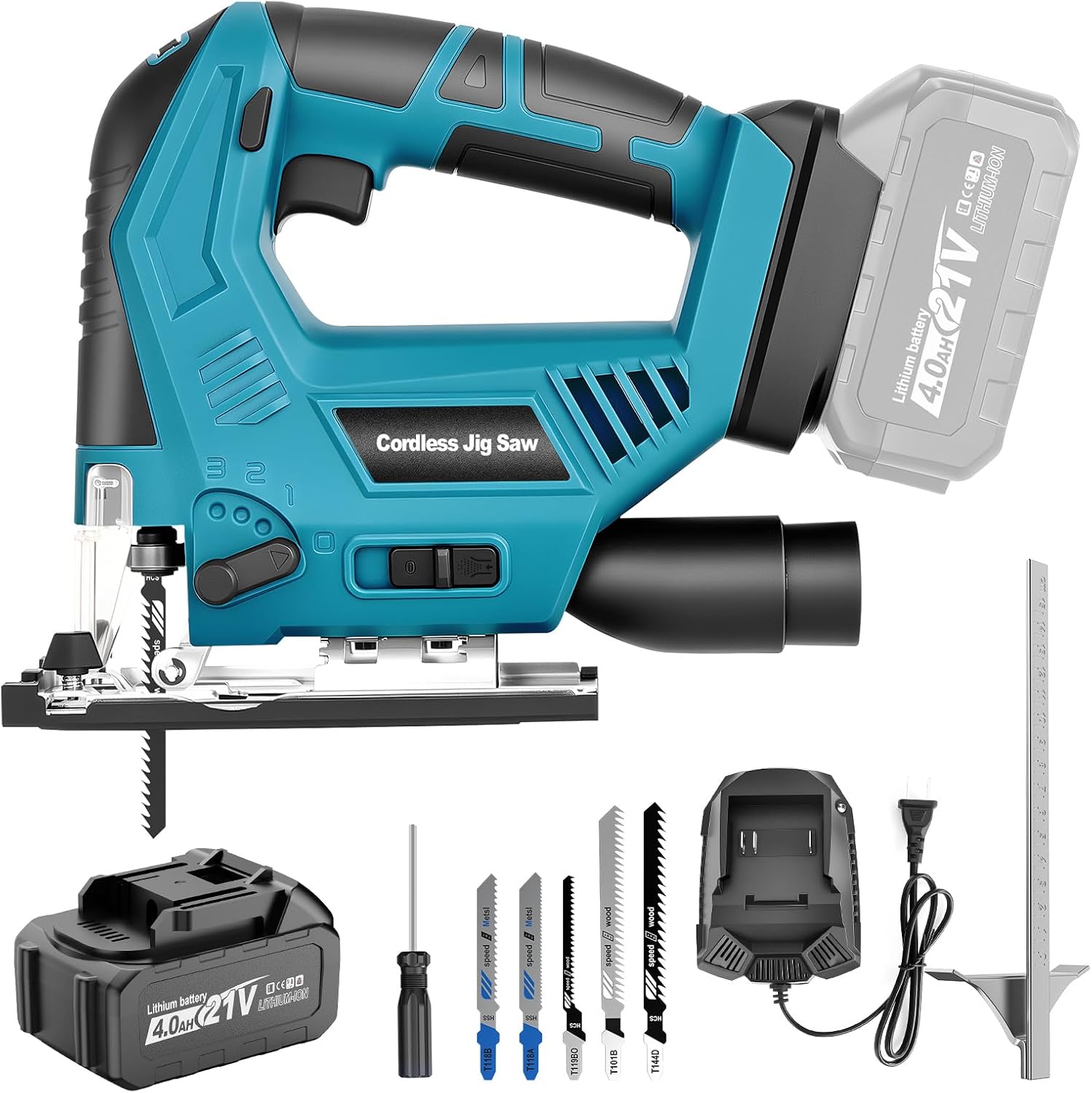 Cordless Jig Saw Compatible 21V Battery, Brushless Jigsaw Tool with 3-Position Orbital, 0°–45° Bevel Cutting, Variable Speed, LED Light, for Wood, PVC & Metal Cutting