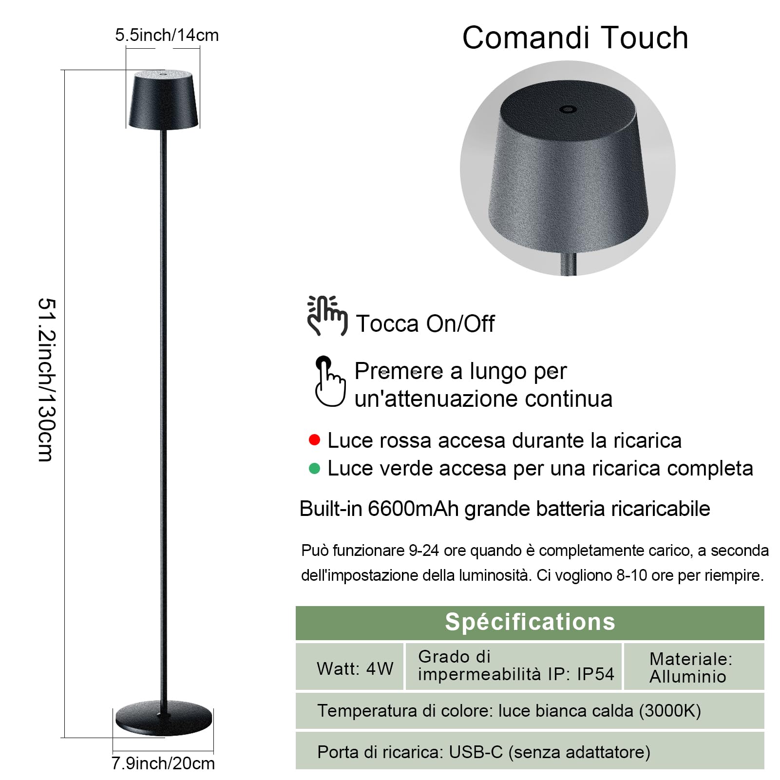 K-Bright Lampada da Terra 3000K LED, Alimentata a Batteria Ricaricabile da 4W, IP54 Impermeabile Senza Fili per Esterni Dimmerabile (Antracite)