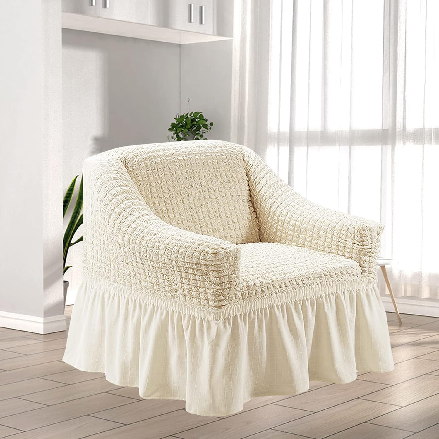 JIAN YA NA 1 Piece Sofa Cover with Skirt Universal Couch Cover Slipcover with Elastic Straps Super Soft Washable Sofa Bed Cover Great for Dogs Cats Pets (Beige,1 Seat)