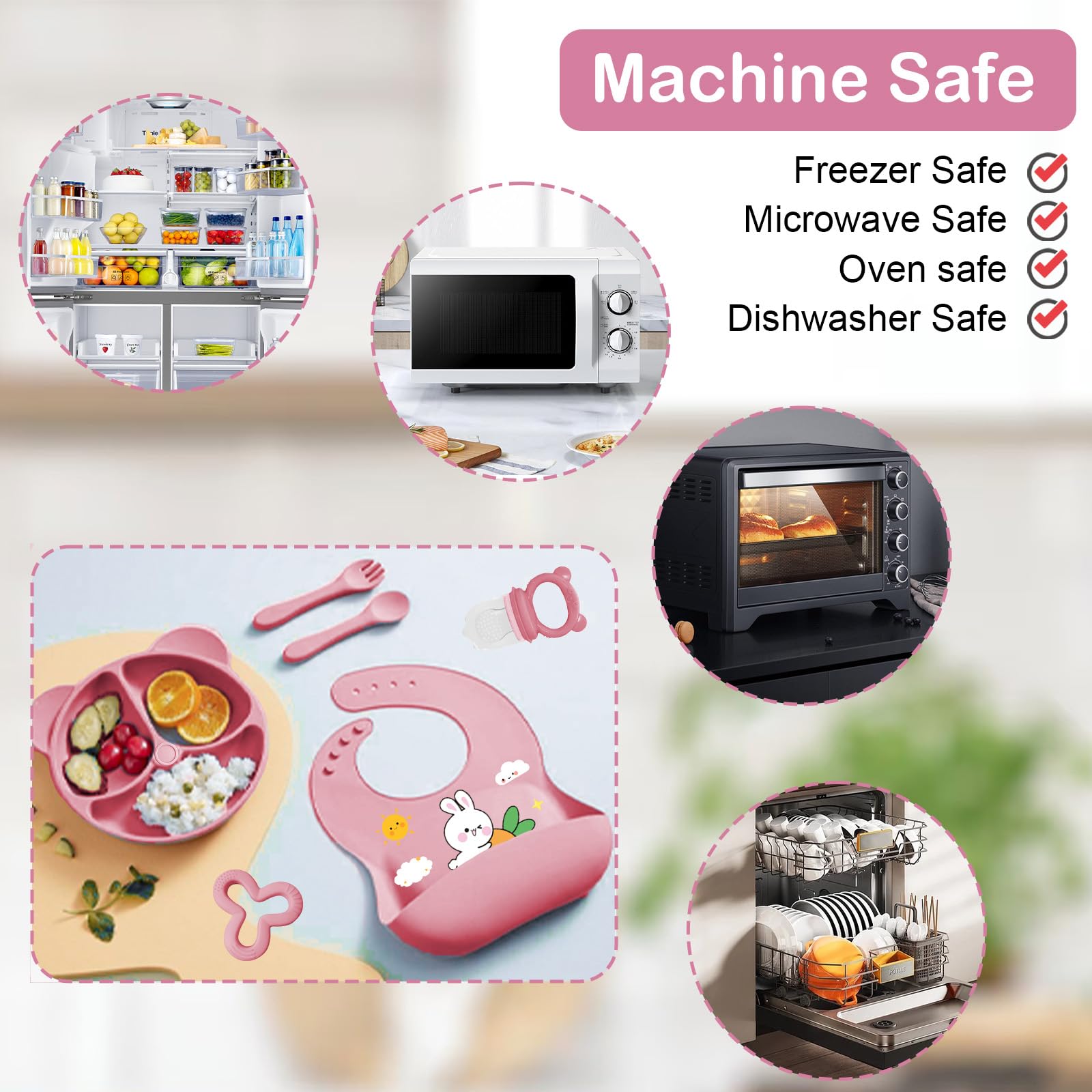 Coffret Repas Bebe 11 pièces, Vaisselle Antiderapant pour Bébé Set Silicone avec Ventouse Assiette Bol Fourche Cuillère Bavoir et Tasse, Enfant Set Couverts Vaisselle Pour Sevrage Manger (Rose foncé)