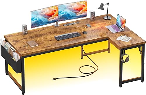 DurayLoly 63" L Shaped Desk for 2 Monitors or 2 laptops,Computer Desk with Power Outlet and LED Lights, 0.95" Thicker Desktop,&Metal Frame for Study,Gaming Desk for Bedroom,Home Office,Brown