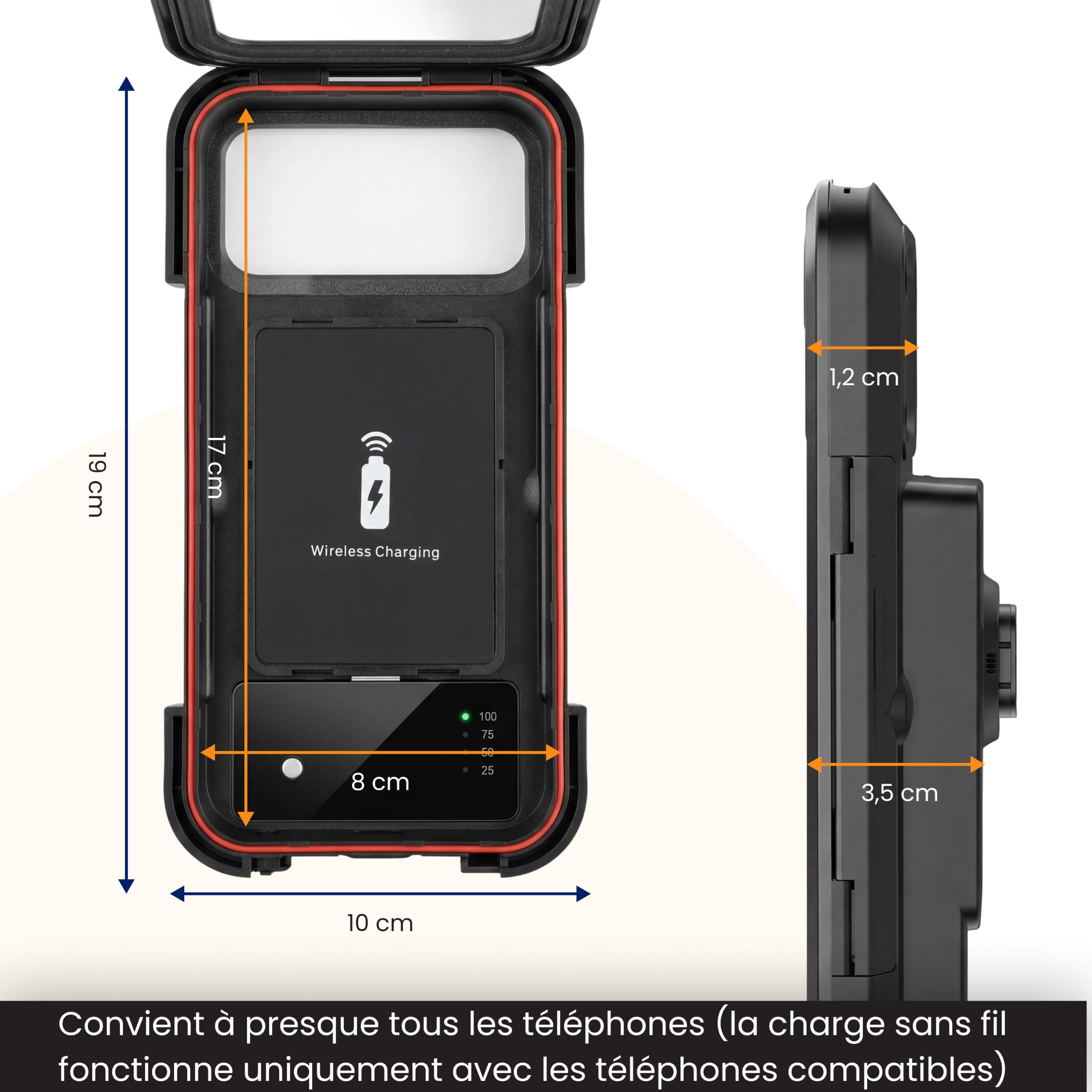 R2B Support Téléphone Vélo avec Batterie Externe 5000mAh, Support Vélo Étanche Téléphone Support Smartphone Vélo avec Charge sans Fil pour Moto, Scooter et E-Bike