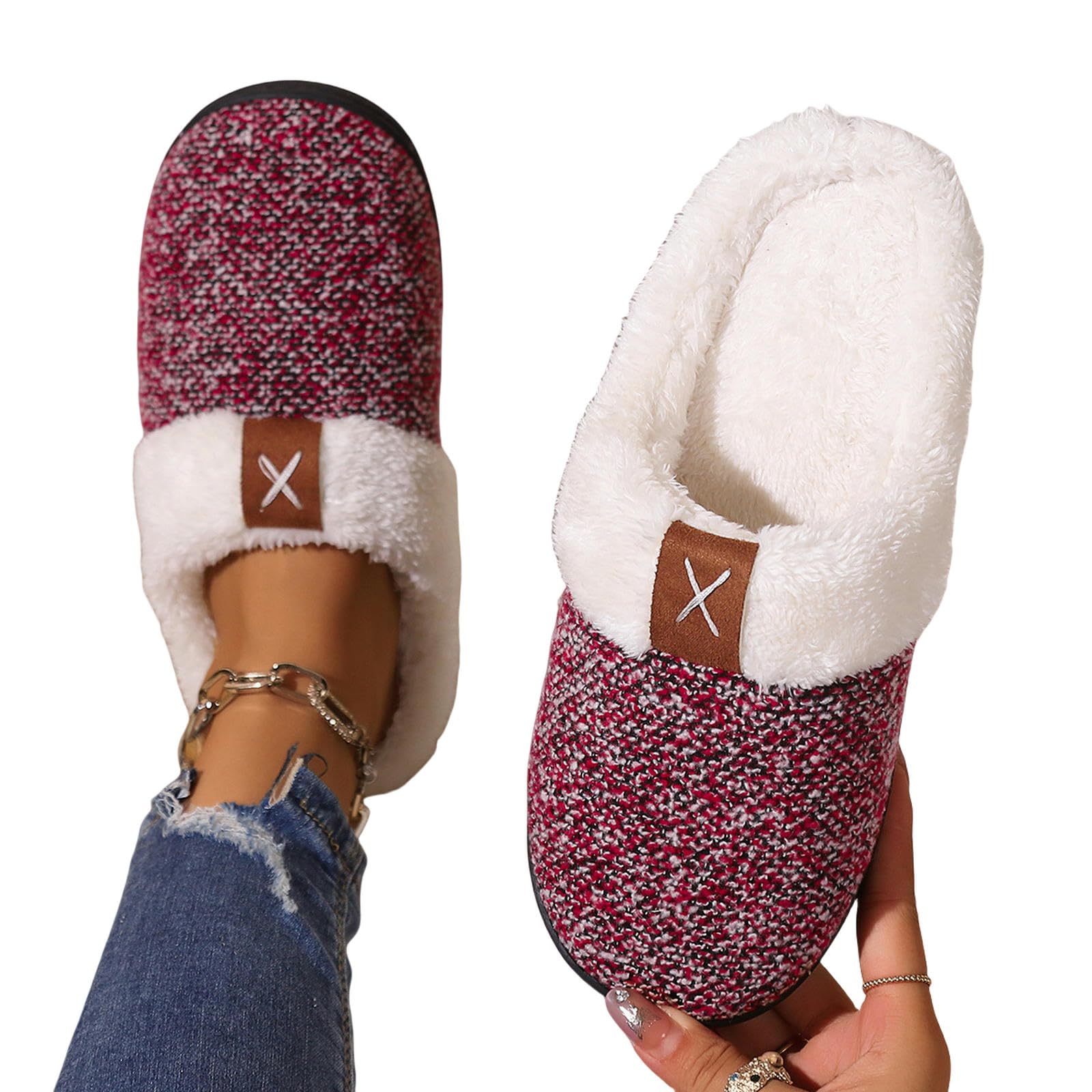 Pantofole Slifori di Peluche Autunno E Inverno Casa Inverno Pantofole di Cotone Interni Caldi Slifori di Peluche-claret-44 45
