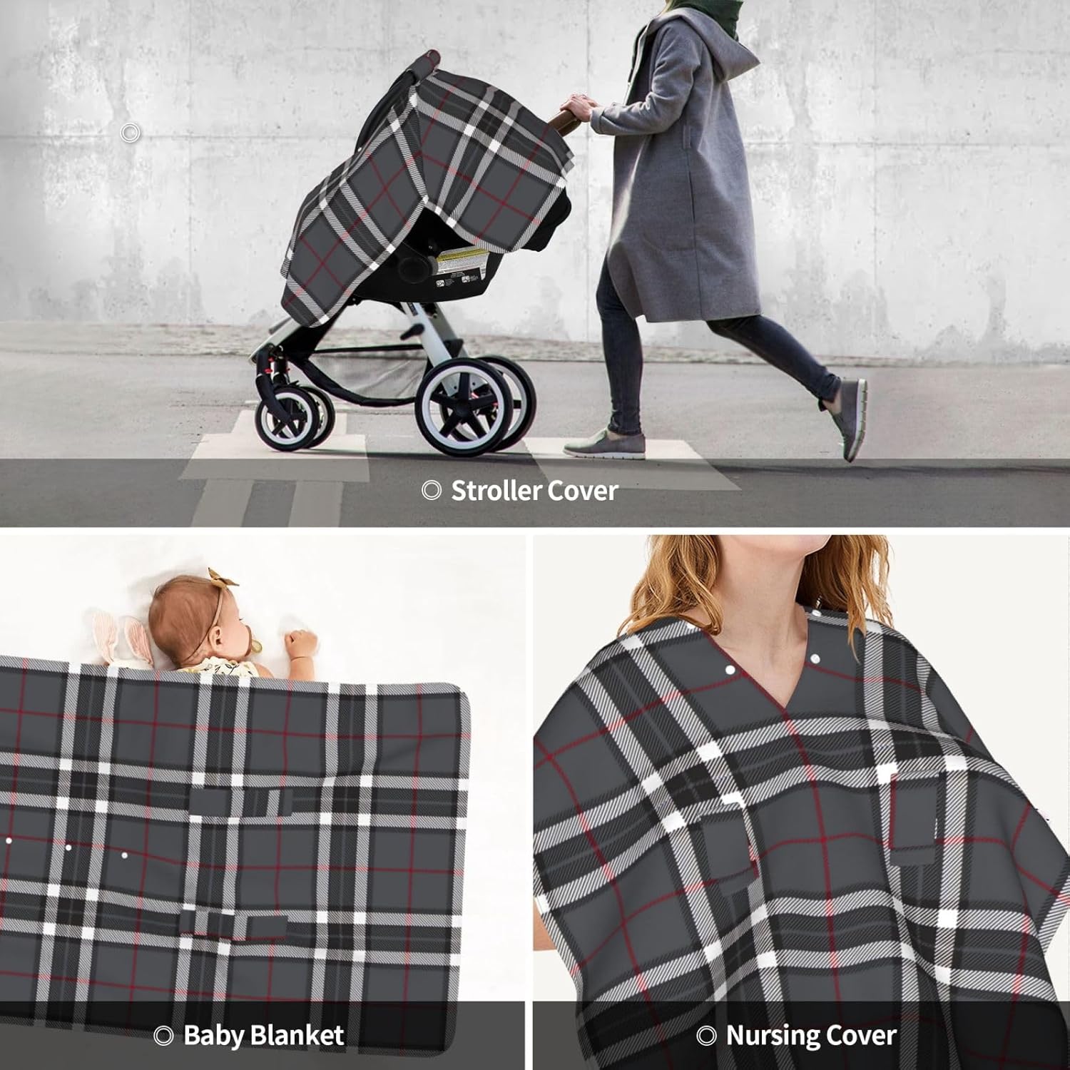 Gray-Tartan-Fabric-Textire-Illustration Baby Car Seat Cover & Breastfeeding Nursing Cover - Breathable Stretch Fabric Multi-Use Nursing Cover for Breastfeeding