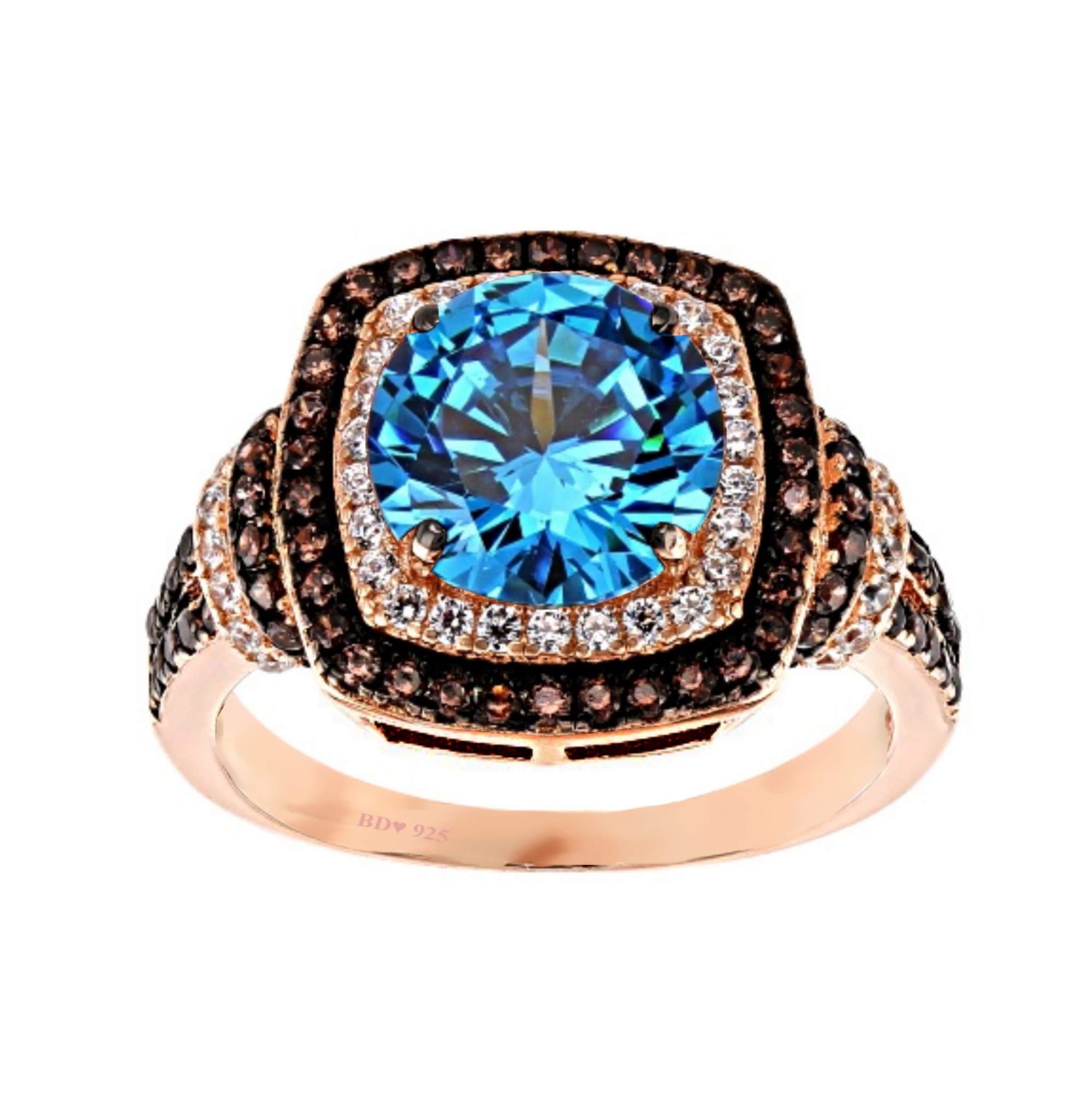 BRANDY DIAMONDORABLES♥18k Rose Gold Silver Chocolate Brown Mediterranean Blue Cushion Halo Ring 4.40 Ctw.