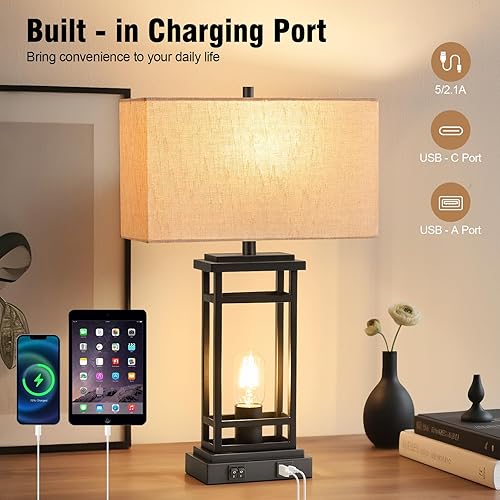 Miniatura 6 de Lámpara de mesa, juego de 2 lámparas de noche modernas con luz nocturna y puerto de carga USB C+A, lámparas para mesitas de noche, dormitorio, sala