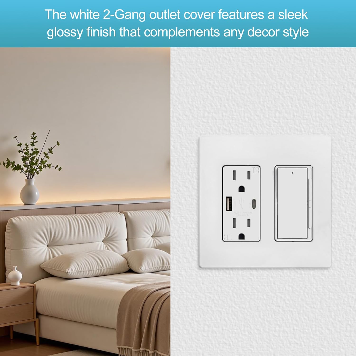 2-Gang Decora Screwless Wall Plate for Leviton 80309-SW,Child Safe Outlet Cover 80309-SW,Screw Smooth Face Switch Plates Screwless Wall Plate 2-Gang Receptacle Outlet Cover 2 Pack