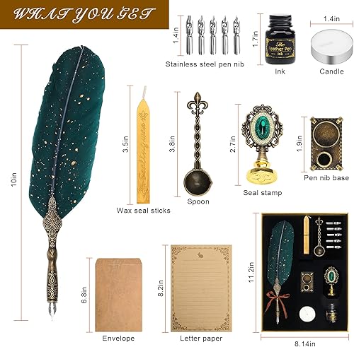 Miniatura 2 de Anglekai Juego de bolígrafo y tinta, pluma de caligrafía con sello de cera, tinta y barras de sello de cera, puntas de repuesto, cuchara, papel de