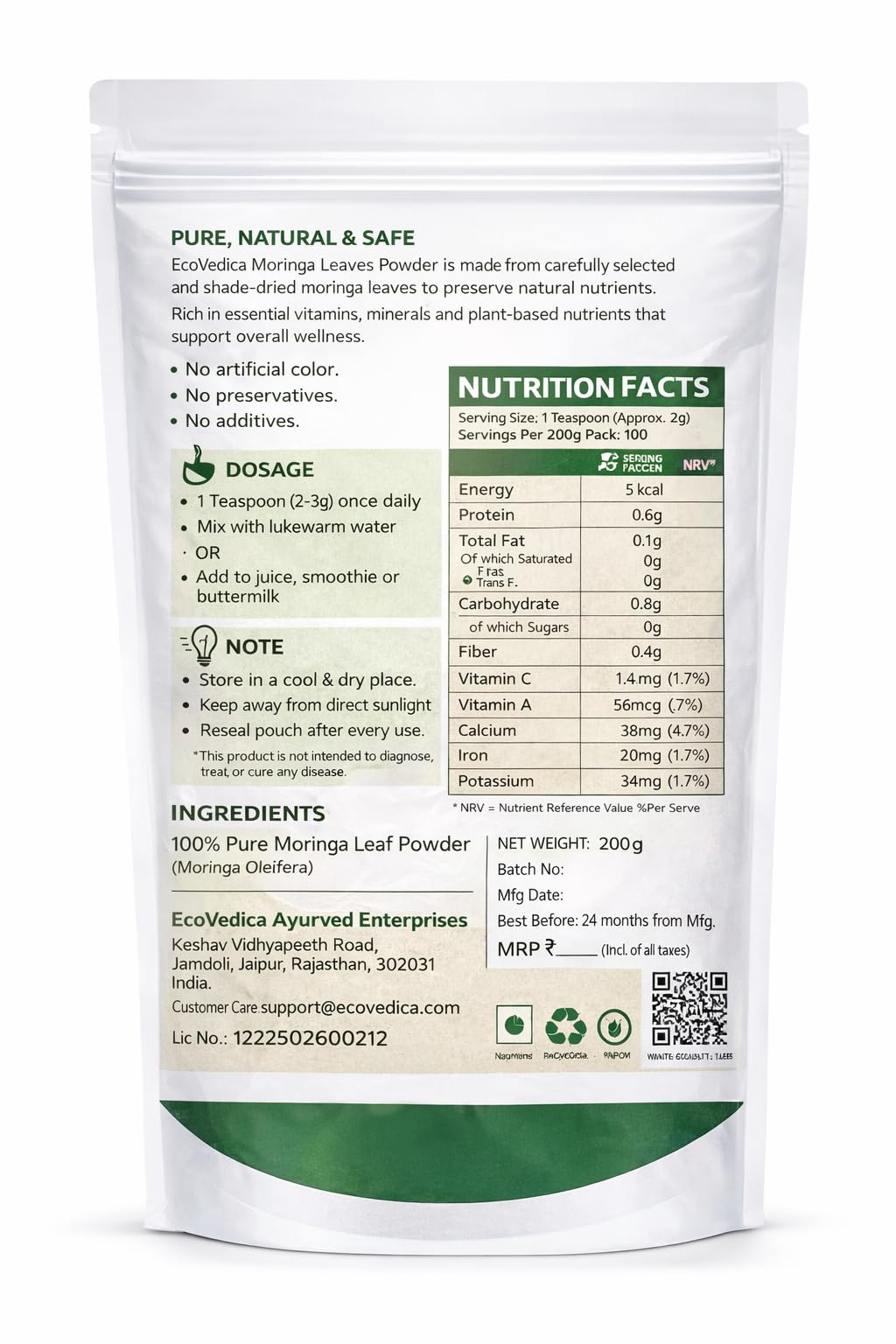 EcoVedica Moringa Powder - 100g, Nutritional Supplement, Essential Nutrition Superfood, Helps Naturally Boost Energy Levels, Improves Stamina & Vitality, Rich in Vitamins & Minerals 3