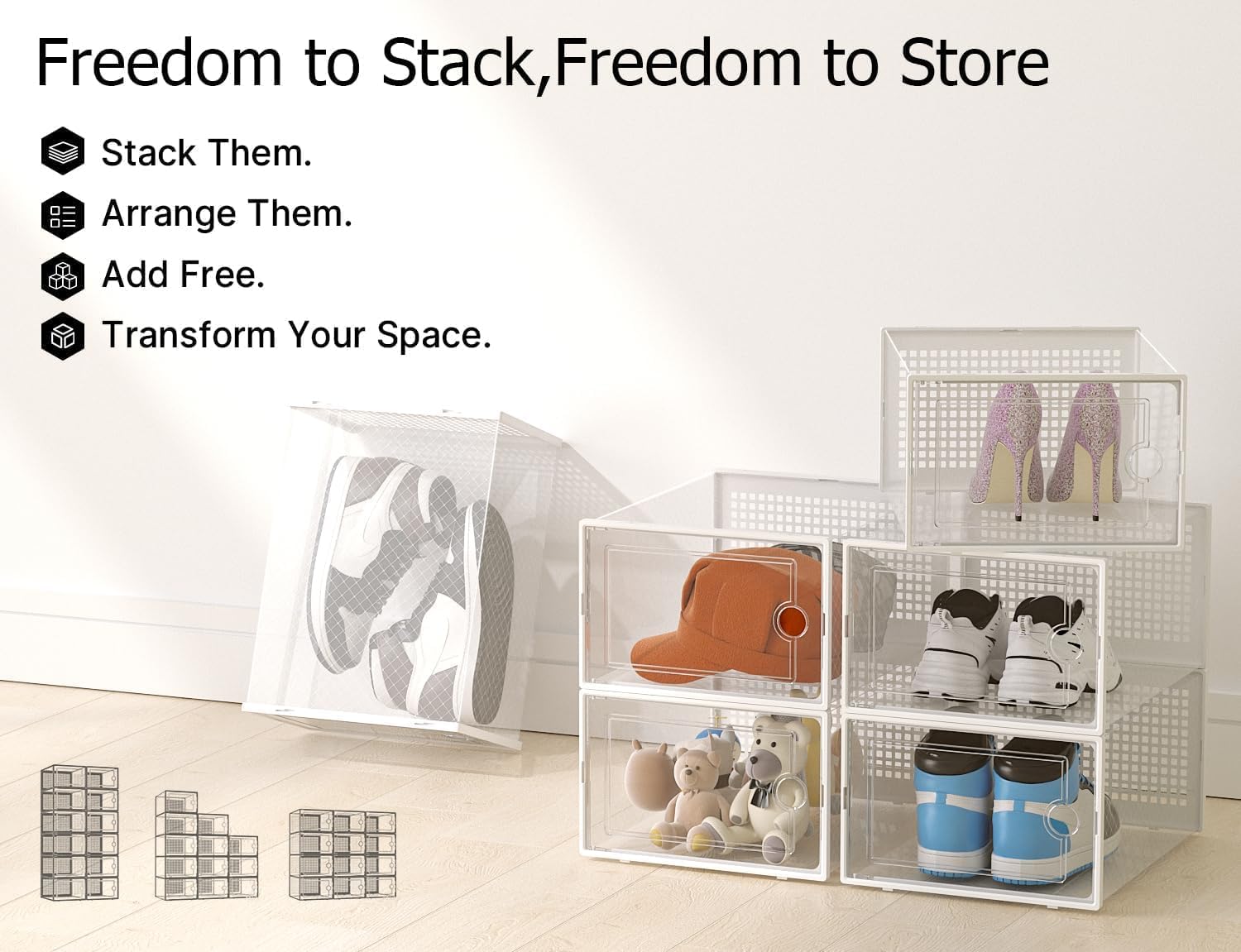 15 Pack X-Large Shoe Storage Boxes Organizers, Shoe Boxes Clear Plastic Stackable Shoe Containers with Lids, Foldable Space-Saving Storage Bins Shoe Cabinet, Fit up to Men's US 11/Women's US 12, White