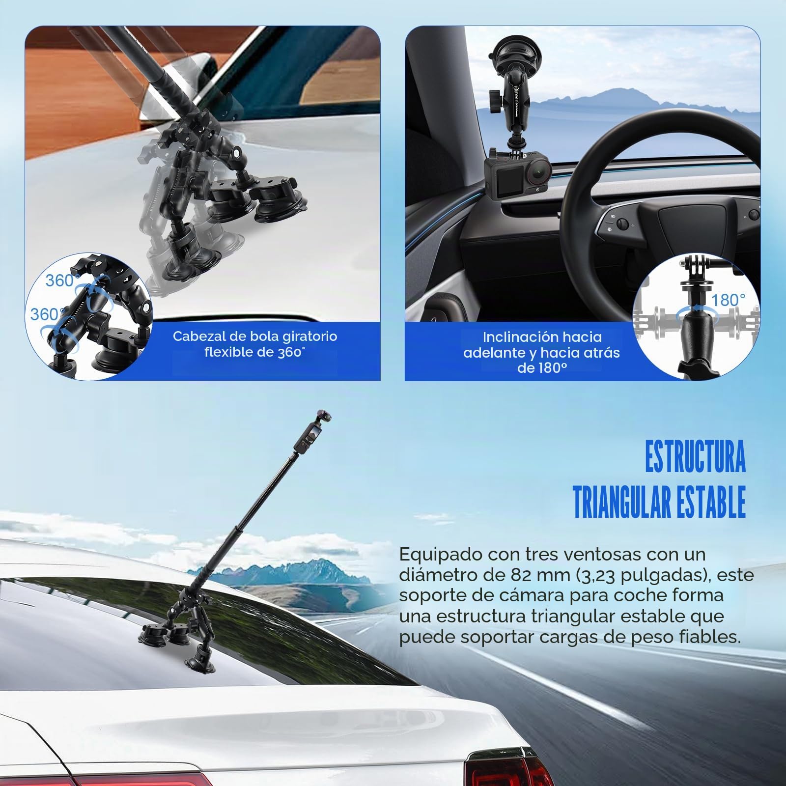 Juego de Soporte para Coche con Triple Ventosa, Soporte de Triple Ventosa y Abrazadera con Palo Selfie 120 cm, Soporte Coche Tercera Persona para Insta360 Gopro Cámara de Acción
