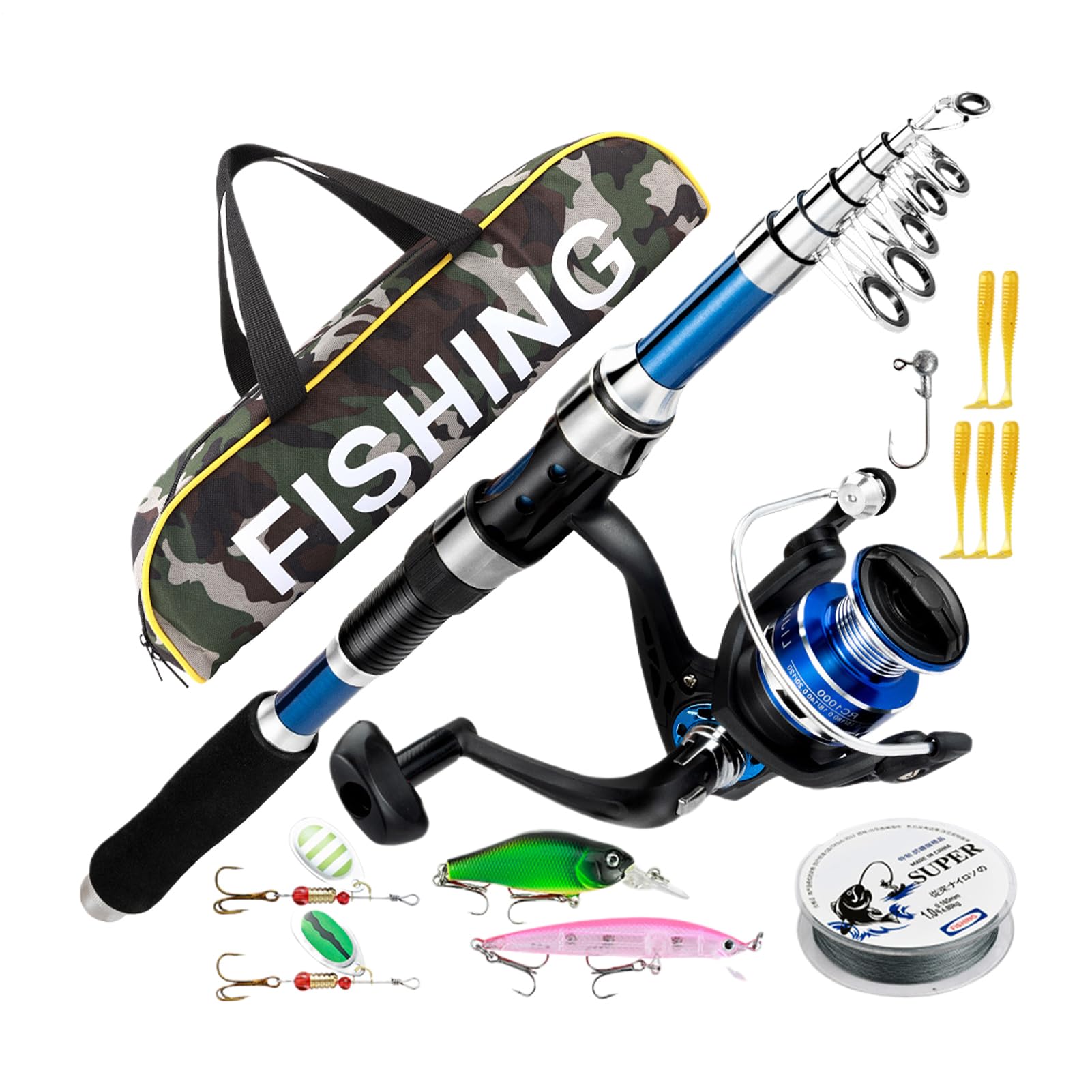 Combo Canna e Mulinello da Pesca - Combo di Canna e Mulinello Attrezzatura Completa,Kit Esche Attrezzatura Esterna Uomo Principiante Pescatori