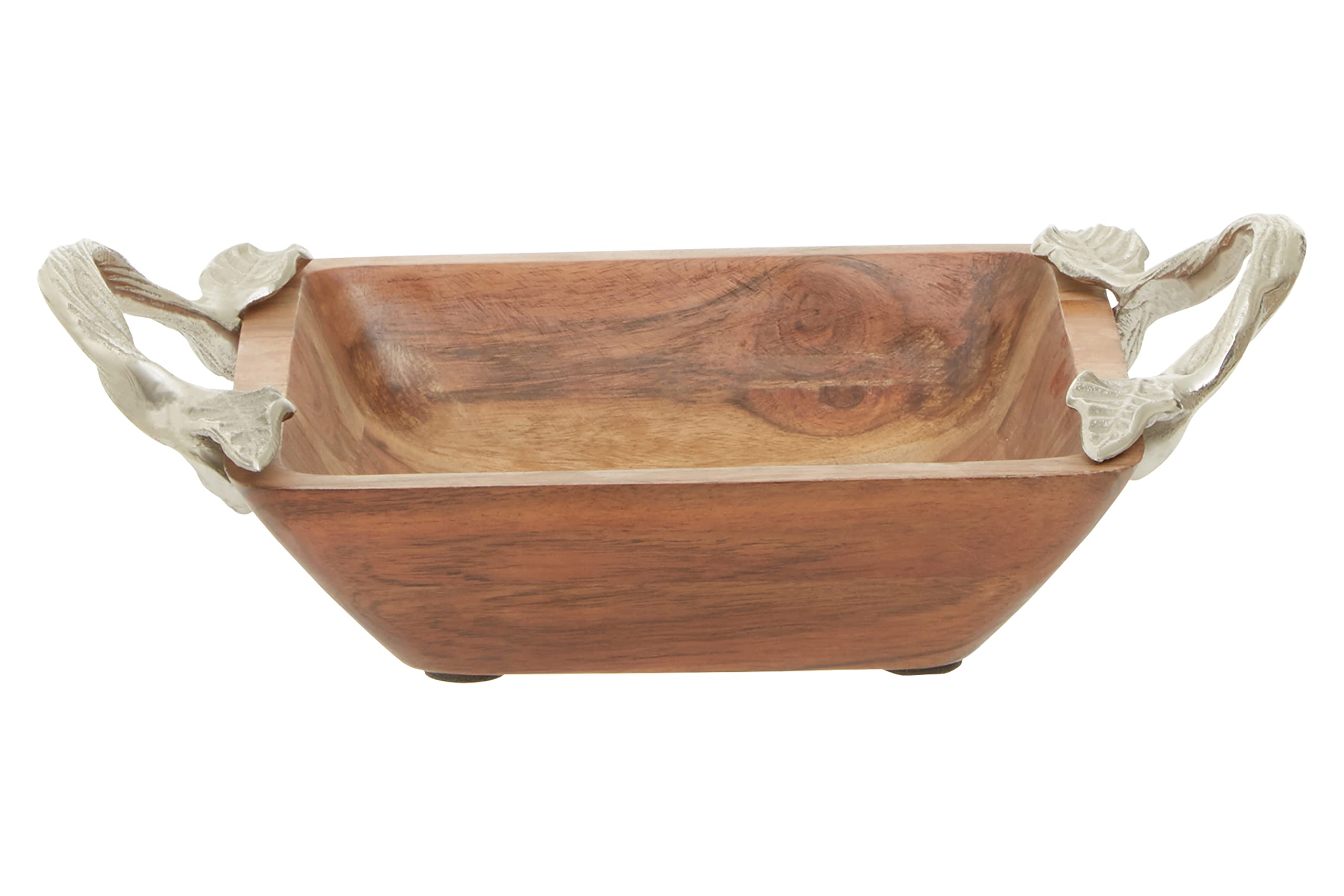 Acacia Wood Square Bowl - Leaf Style Metal Grips - Natural Grain Serving Tray