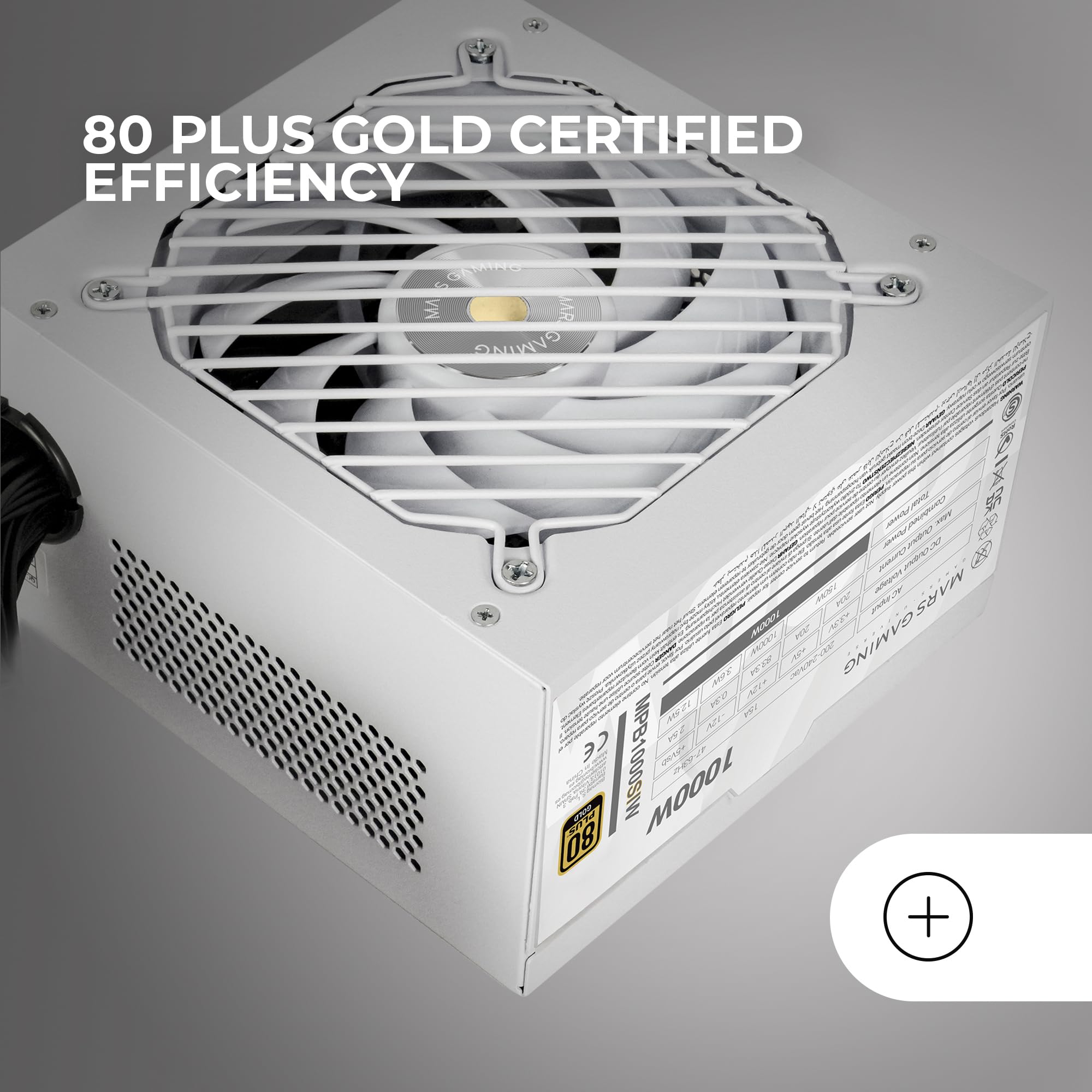 Mars Gaming MPB1000SI, Alimentatore PC ATX 1000W, 7 Anni di Garanzia, 80Plus Gold 90%, Ventola SI Extreme Silence con Nucleo in Rame e Alluminio, Tecnologie AI2-RPM, DC-DC e SMD, Bianco