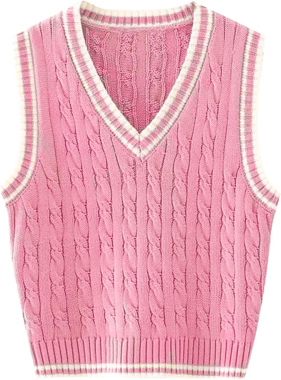 Womens Sweater Vest Cable Knit Casual V Neck Ribbed Preppy Pullover Tops Sleeveless - Image 4