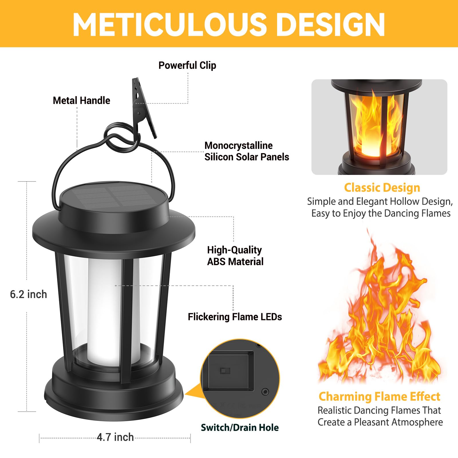 WdtPro 4 Pack Solar Lanterns Outdoor Waterproof, Upgraded Flickering Flame Solar Lights Outdoor, Solar Powered Lanterns Decorative, Hanging Solar Lantern for Patio Garden Yard Path Porch Tree Decor — view 4