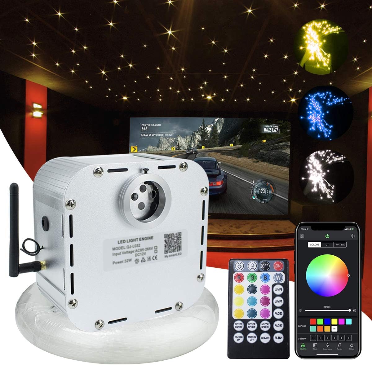 Featured Product AMKI 32W Bluetooth Controlled Fiber Optic Light Star Ceiling Kit,LED RGBW Twinkle Engine Driver with RF 28 Key Remote Control + Crystal + Cables (800PCS*(0.03in+0.04in+0.06in)*16.4ft)
