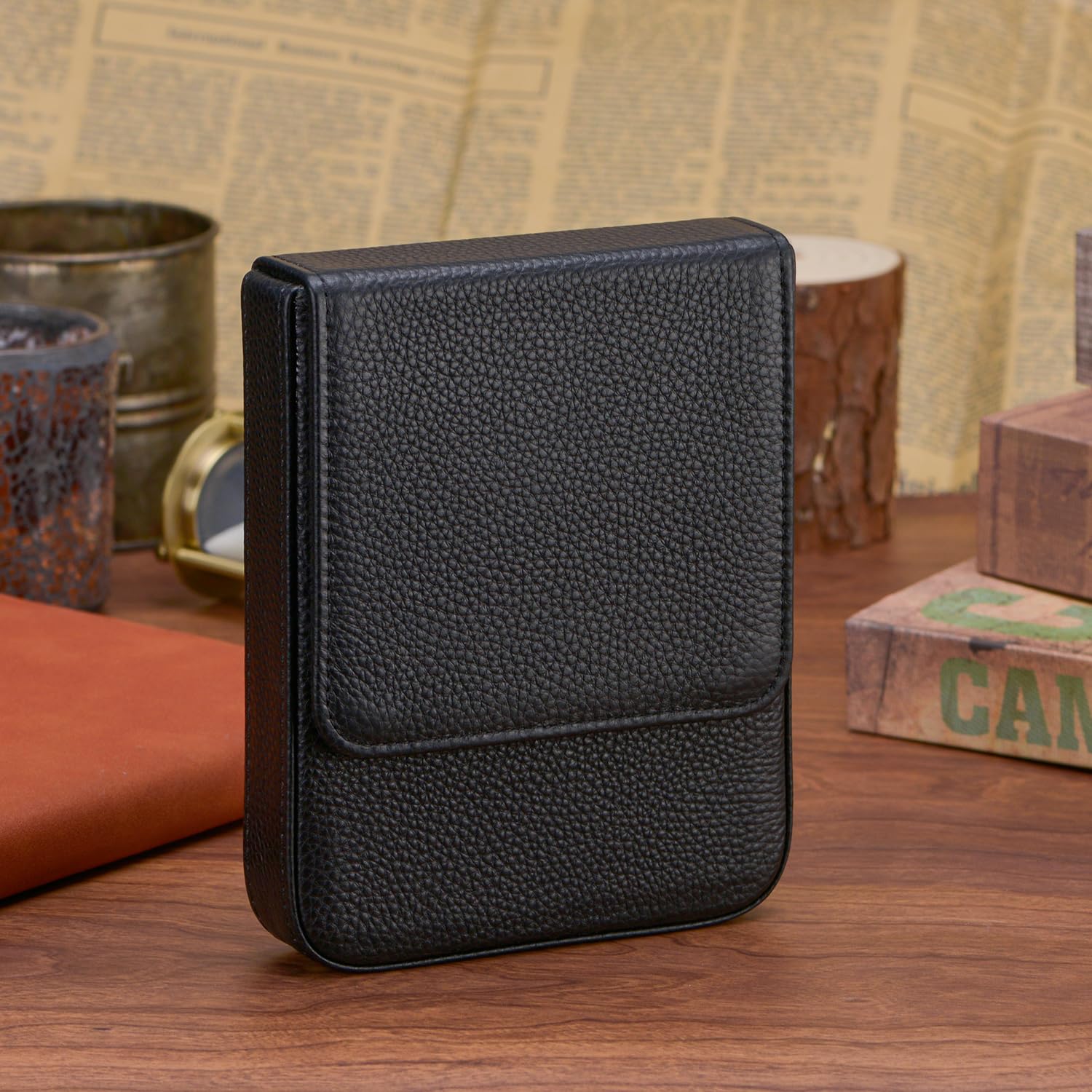 Lanxivi Genuine Leather Fountain Pen Case 6 Slot Black Leather Organizer, Portable Pen Bag Pouch Drawer Style - Image 2
