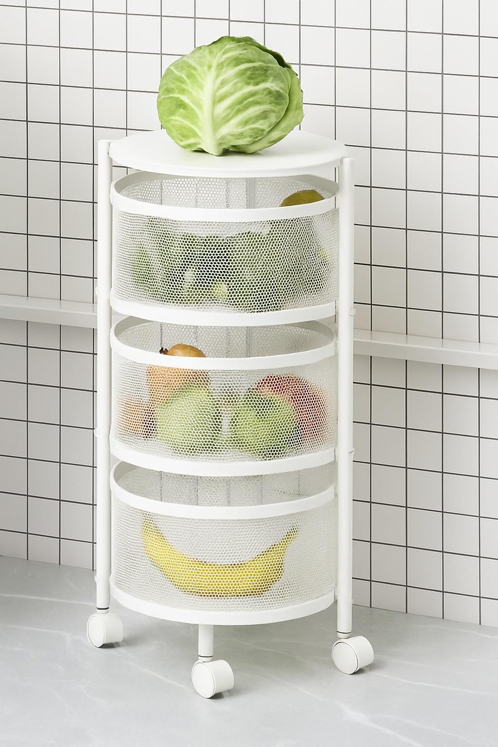 Deconation Resserre 3 Paniers Rotatifs sur Roues en Acier Blanc | H 60 Cm X D 33 Cm | Etagère De Rangement Cuisine, Salle De Bain, Bureau..