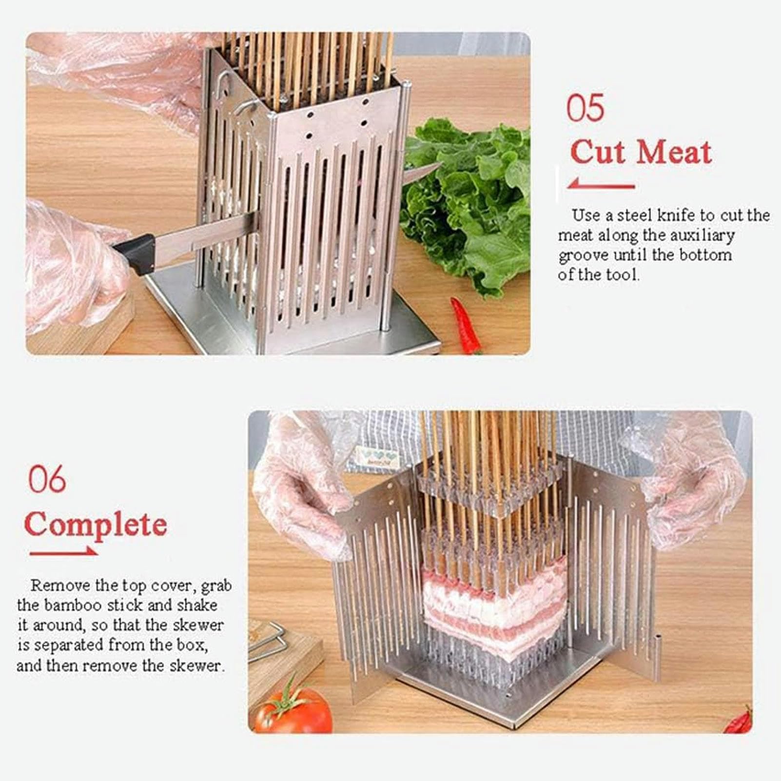 Maszyna do szpikulca do mięsa ze stali nierdzewnej z 49 otworami, narzędzie do grillowania Kabob Maker Box, ze 100 patyczkami bambusowymi, regulowana wysokość, maszyna do grillowania mięsa wołowego