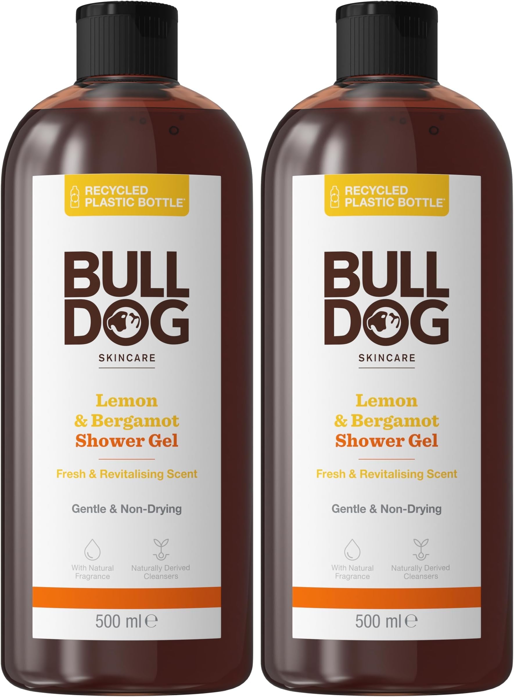 Bulldog Skincare Lemon & Bergamot Shower Gel for Men, Natural, Refreshing Men's Shower Gel, 500 ml (Pack of 2)