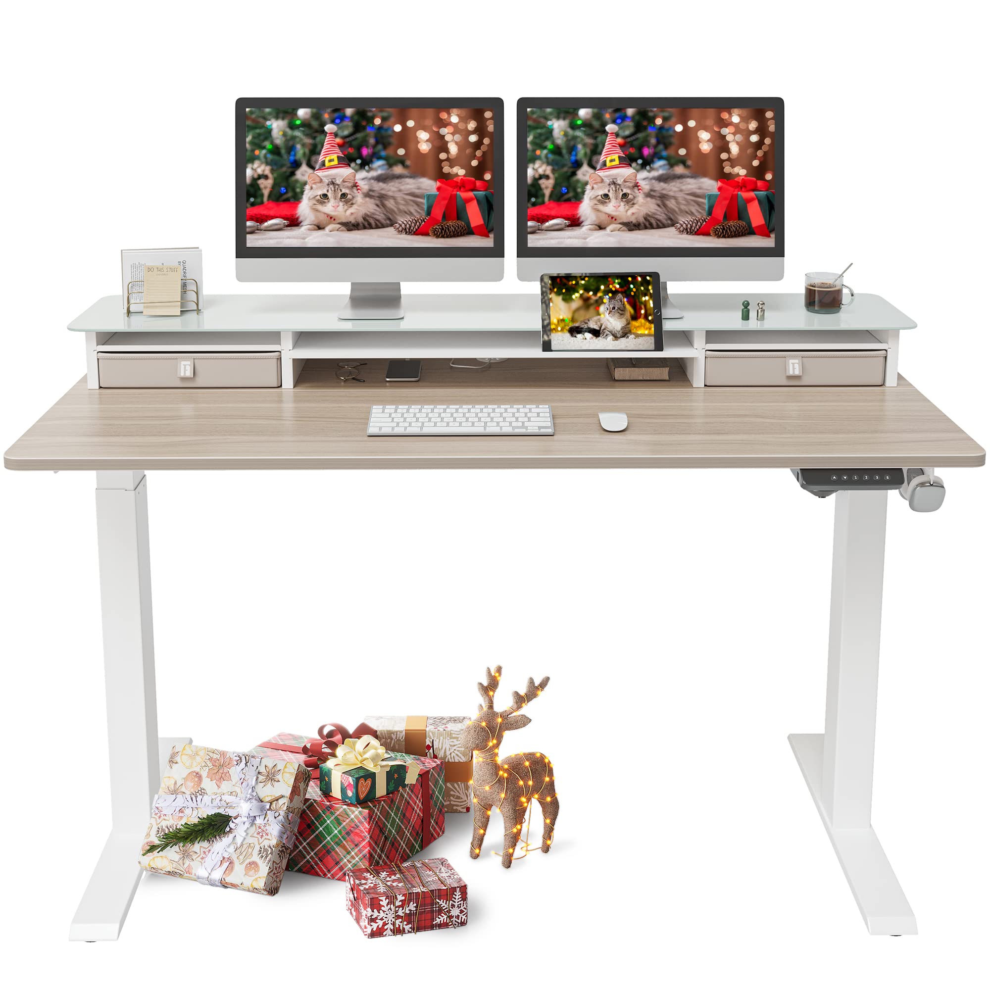 FEZIBO Height Adjustable Electric Standing Desk with Double Drawers, 55 x 24 Inches Stand Up Desk with Glass top Storage Shelf, Sit Stand Desk with Splice Board, White Frame/Natural Top