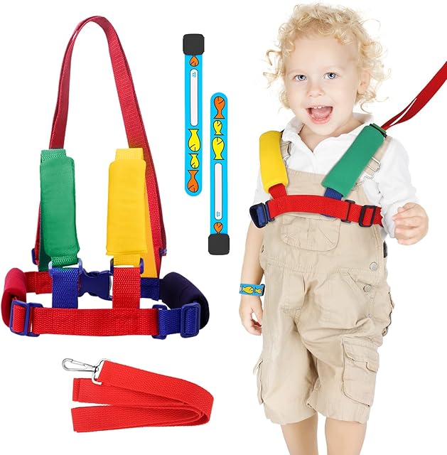 Pinenuts Toddler Reins for Walking, Baby Walking Harness + 2 PCS Child Safety ID Wristband, Anti-Lost Reins for Toddlers 1-3 Years Old Toddler Walking Hand Belt Baby Walking Assistant