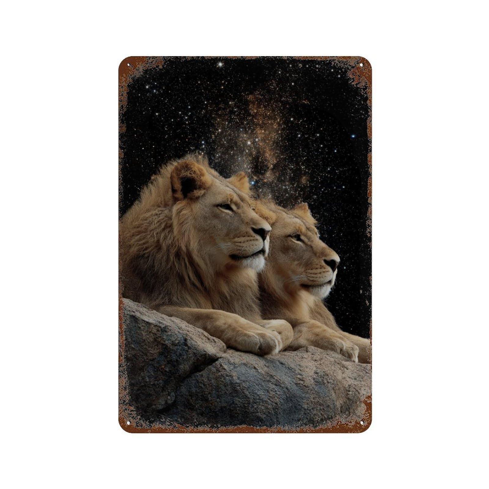 Rust Effect Lions Under The Stars Aged Metal Wall Plaque 11.8"x7.9", Industrial Home Decor for Cafe, Home Bar And Lounge Decor