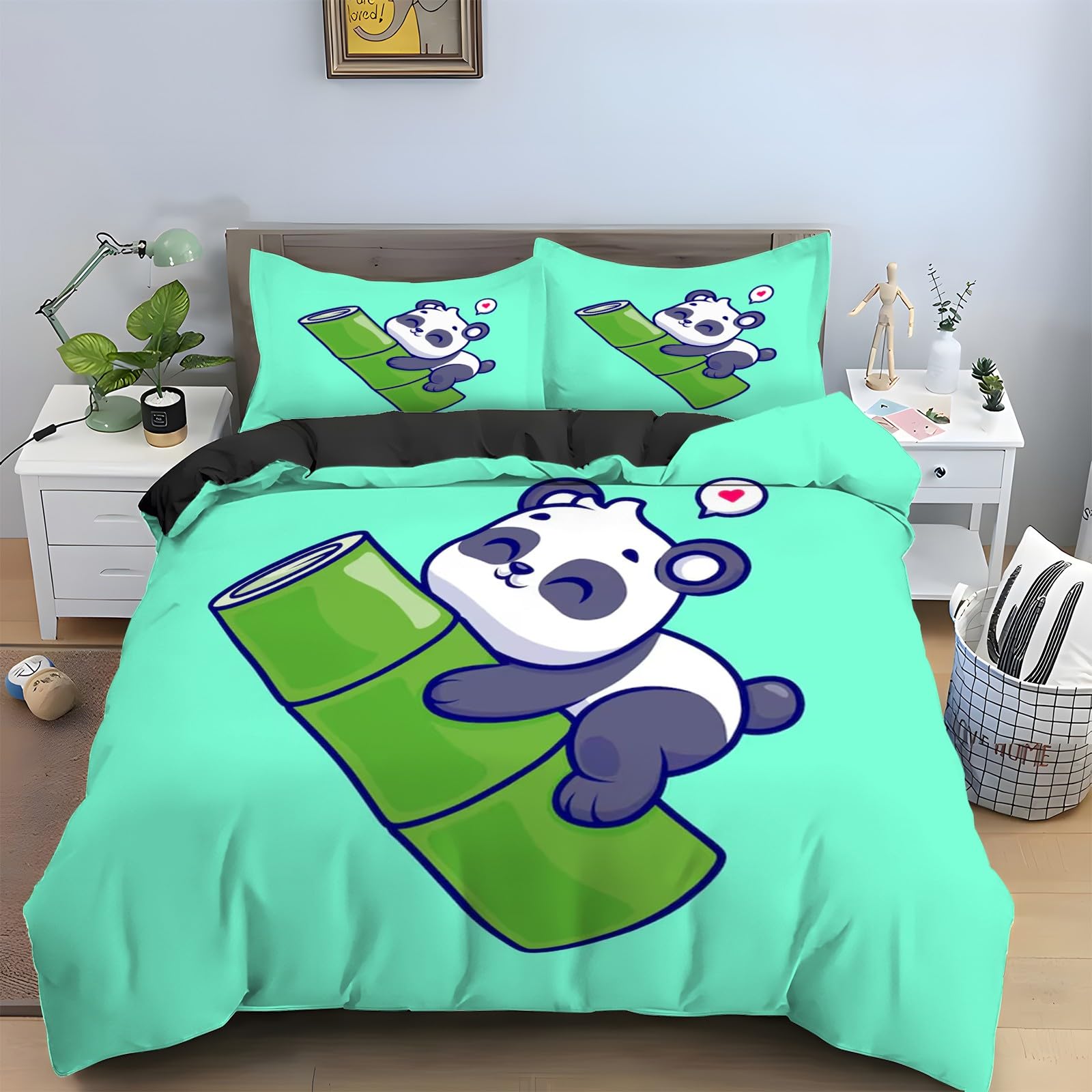 Housse de couette 240 x 260 dessin animé panda anti-plis en microfibre douce avec grand zip pratique