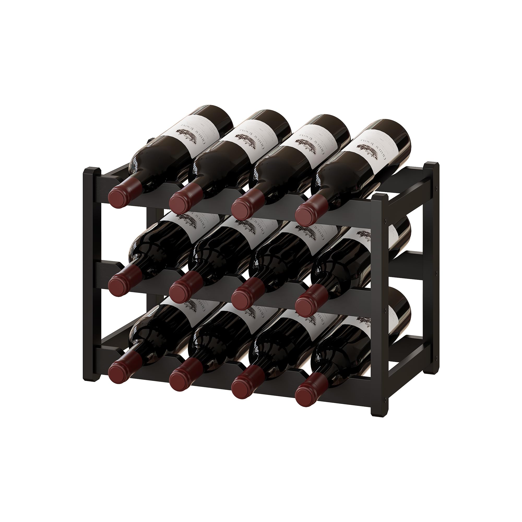 BMOSU Bamboo Wine Rack Wine Storage Cabinet Shelf 12 Bottle Wine Racks Countertop Sturdy for Kitchen Dining Room Pantry - 3 Tiers Wine Rack (Black)