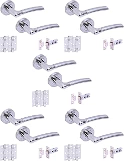 Hunta HANDLEZONE® 5 Sets Columba Premium Internal Door Handles on Rose Lever Latch Packs with 75mm Ball Bearing Hinges and 76mm Latches - Dual Polished/Satin Chrome
