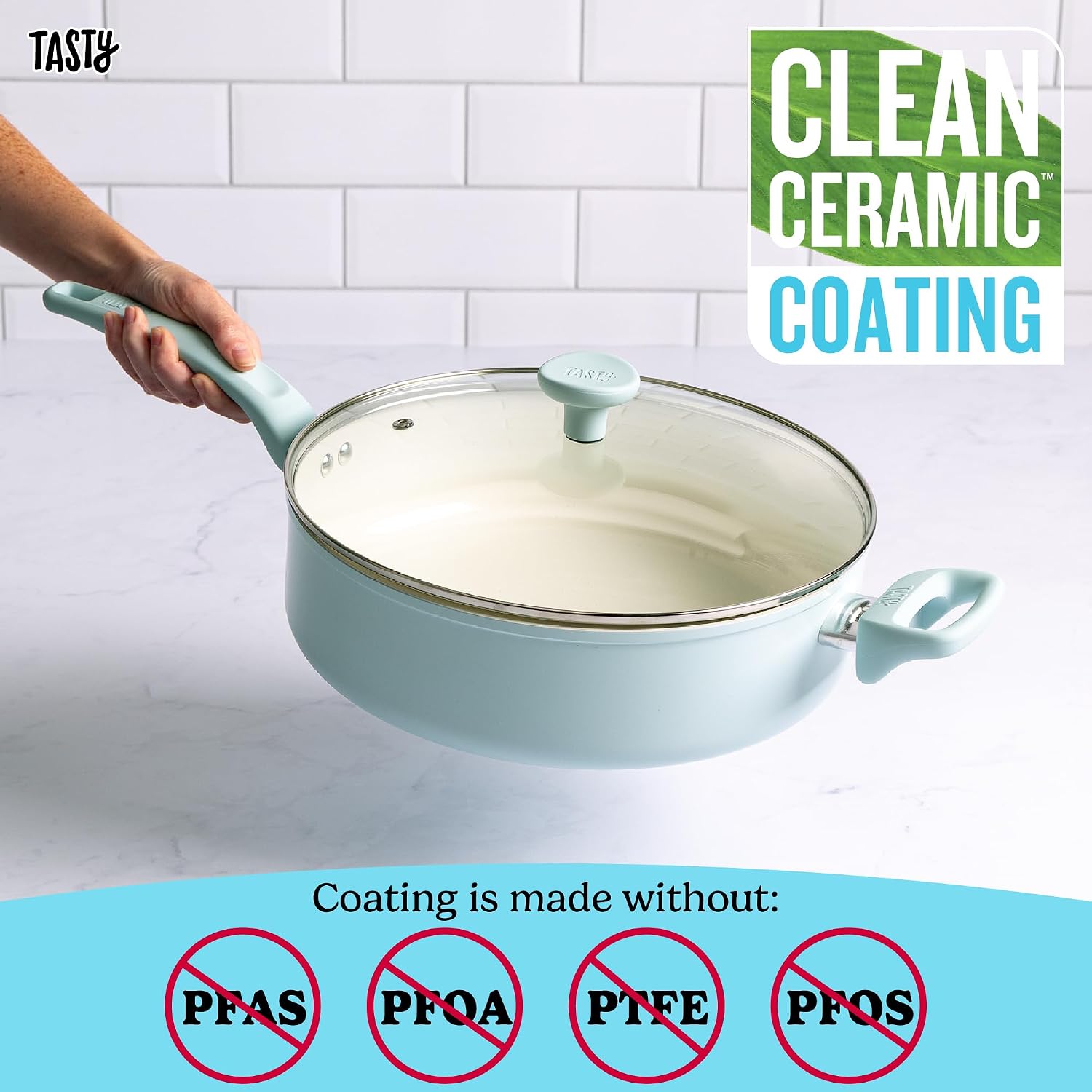 Tasty Ceramic Deep Saute Pan with Glass Lid, Helper Handle, Skillet, Healthy Nonstick Jumbo Cooker, Deep Fry Pan, Easy to Clean, Made without PFAS, PFOA, PFOS and PTFE, Dishwasher Safe, 5-Quart, Aqua