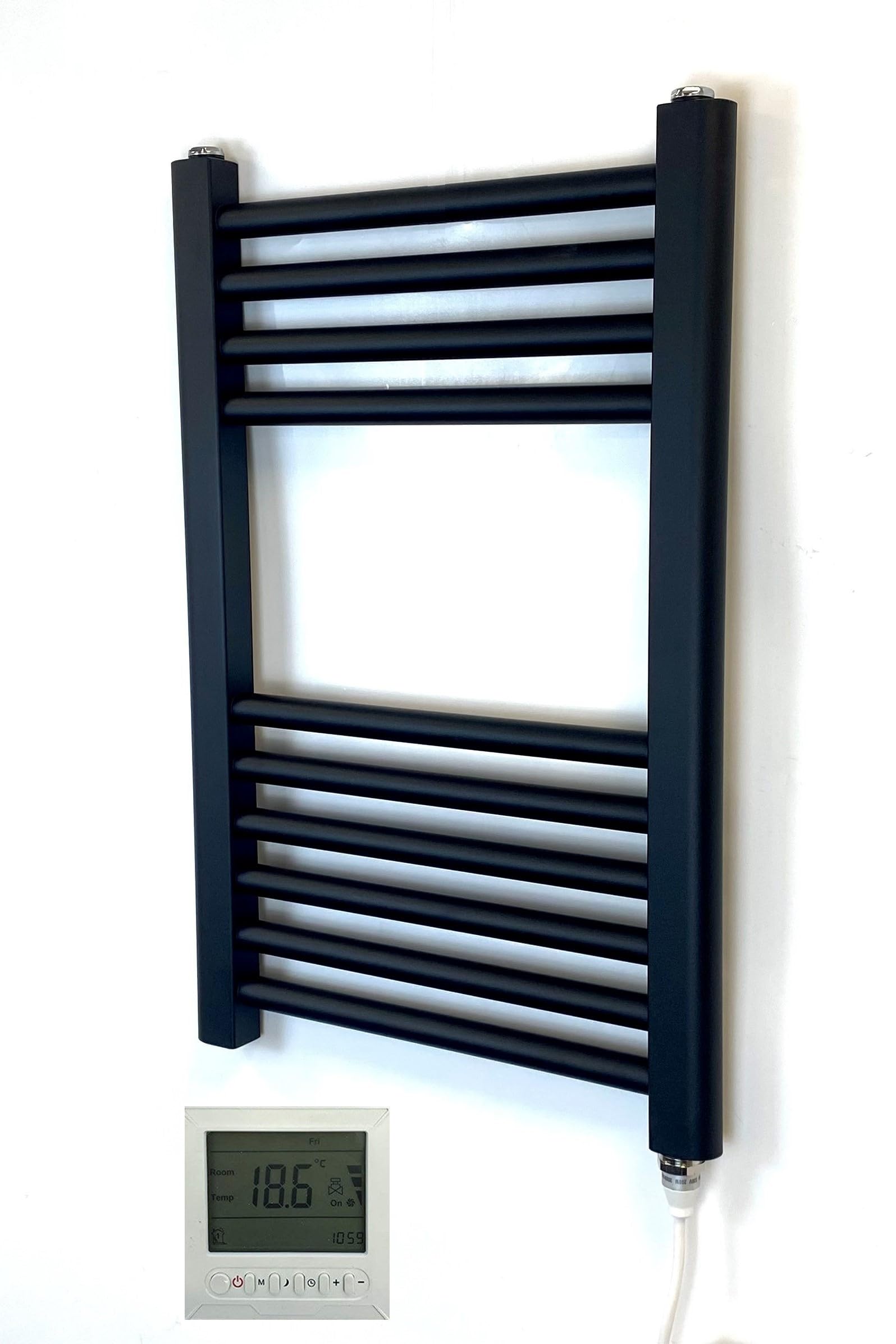 400W X 600H Black Electric Heated Towel Rail + 7 Day Timer/Thermostat 615625583496