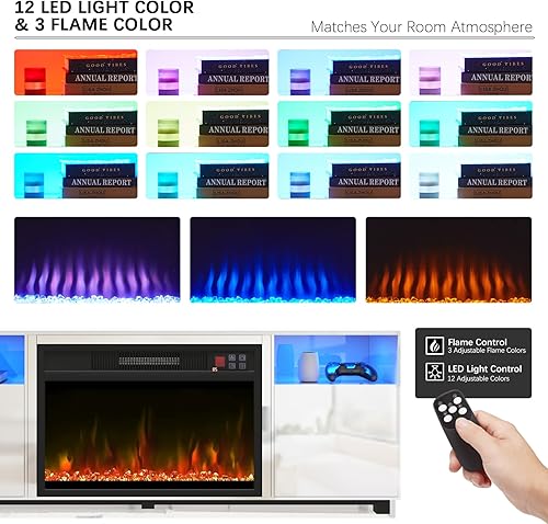 Miniatura 3 de Soporte de TV con chimenea eléctrica de 23 pulgadas, centro de entretenimiento con luz LED de 65 pulgadas con chimenea eléctrica blanca, estantes