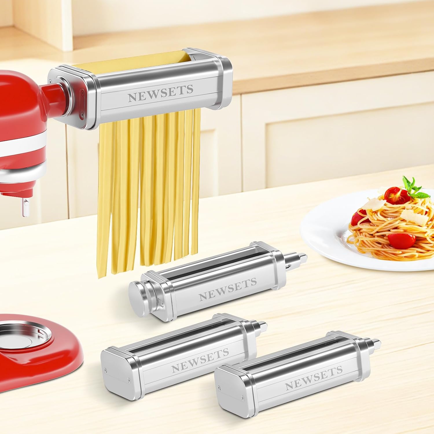 Pasta Maker Attachment for KitchenAid Stand Mixer, 3-Piece Pasta Attachment Set with Roller, Spaghetti & Fettuccine Cutter and Cleaning Brush, 8 Thickness Settings, Food Grade Stainless Steel