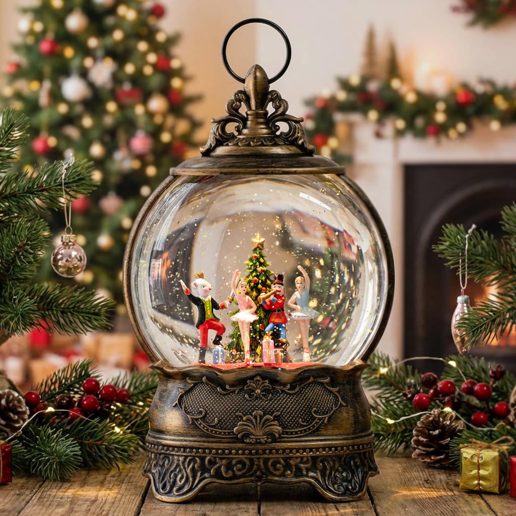 Boule à neige lumineuse de Noël 25,4 cm, boîte à musique pailletée, décorations alimentées par USB et piles (crèche dans le temple)