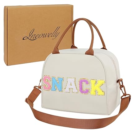 Lunch Box for Women, Large Insulated Lunch Bag, Personalized Preppy Lunch Box for Adults with Adjustable Shoulder Straps,Lunch Bag Women with Chenille Letters for Girl, Women Beige-Snack)
