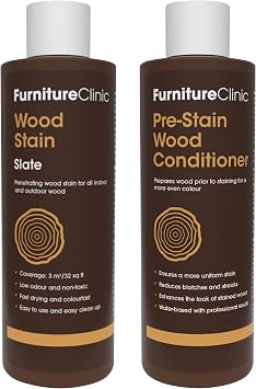 Furniture Clinic 8.5oz Slate Wood Stain + 250ml Pre-Stain Wood Conditioner | Water Based | Fast Drying, Low Odor, Non-Toxic | for Indoor & Outdoor Furniture and More