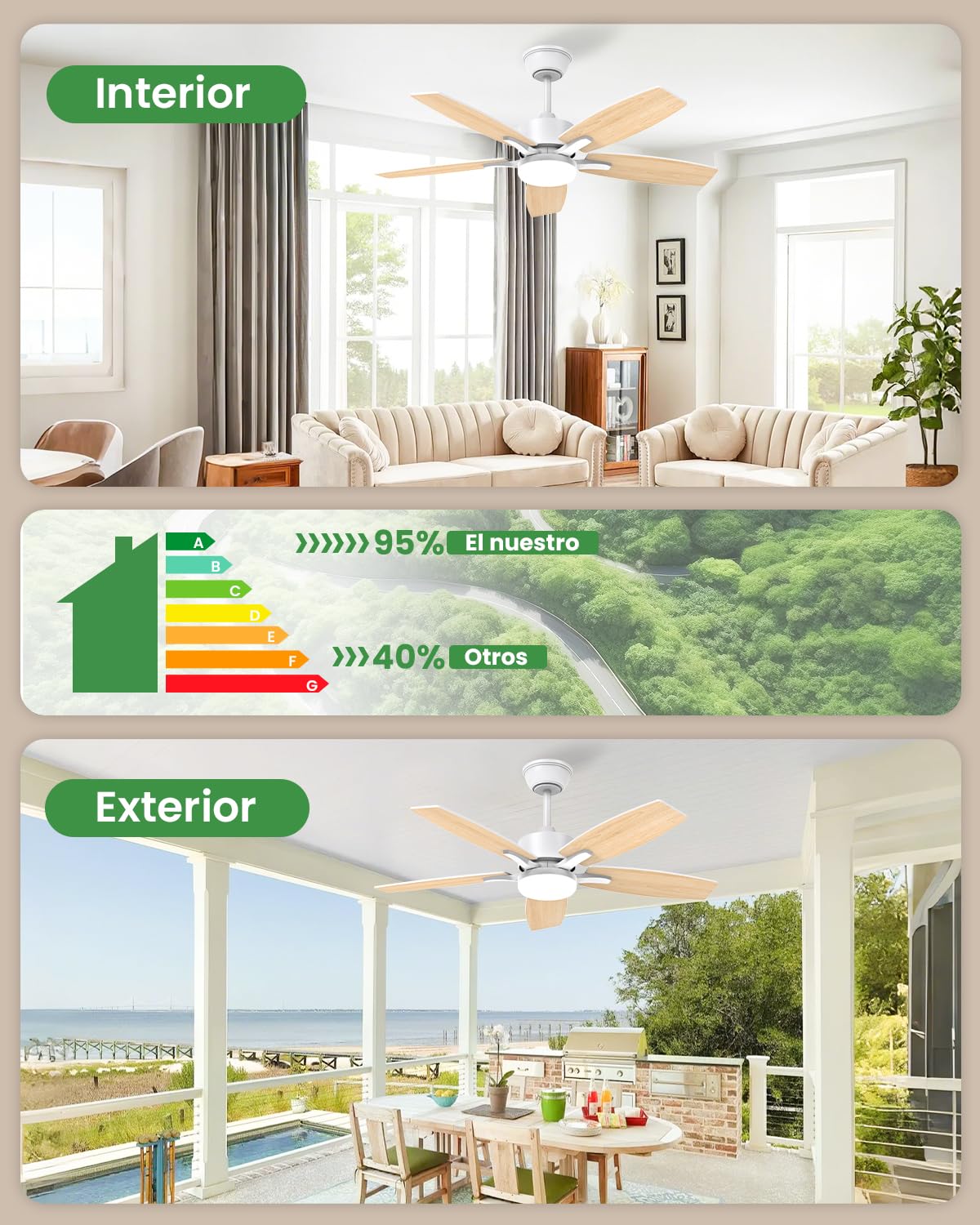 Ventilador de Techo con Luz 106 cm, Silencioso 20 dB, Motor DC, Mando a Distancia, LED Regulable, 6 Velocidades, 5 Aspas Dobles, Función Verano Invierno, Madera Clara/Blanco