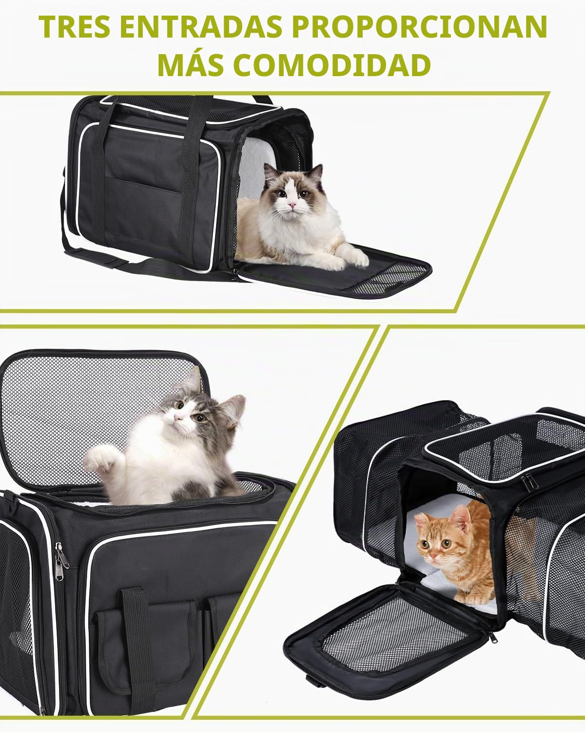 Transportín Gato Plegable Grande Con Colchón Suave, Correa de Hombro Ajustable, Para Coche y Avión, Viaje (Negro)